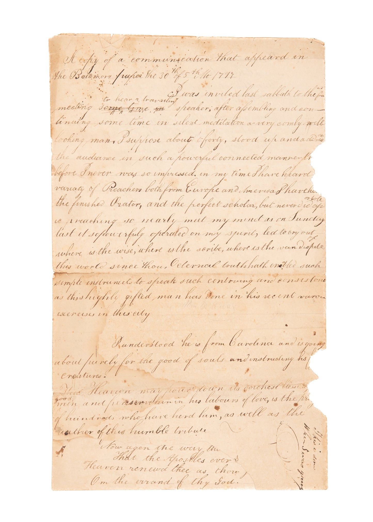 1822 ELIAS HICKS. Original Quaker Manuscript Re: Hicks & Hicksite Controversy, etc.,