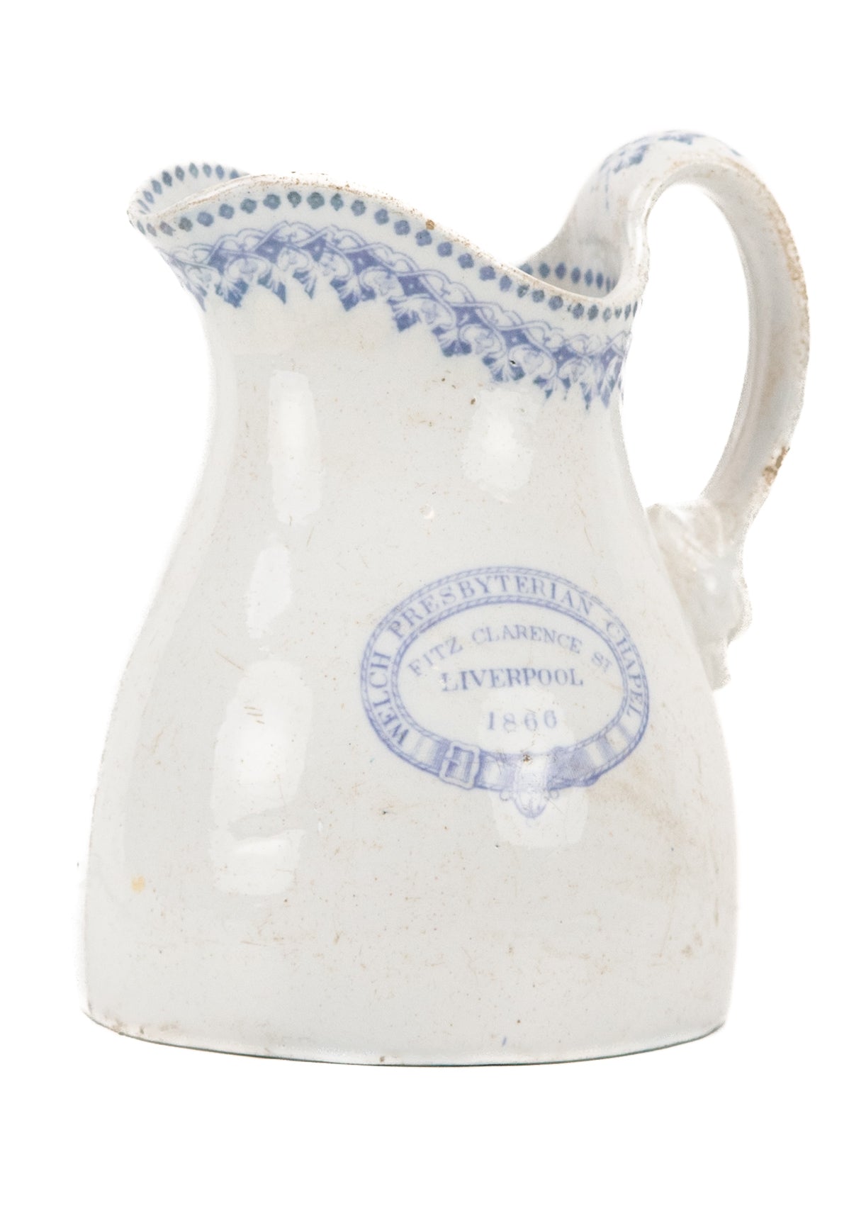 1866 WELSH PRESBYTERIAN. Staffordshire Cream Pitcher for the "Welch Presbyterian Chapel" in Liverpool.