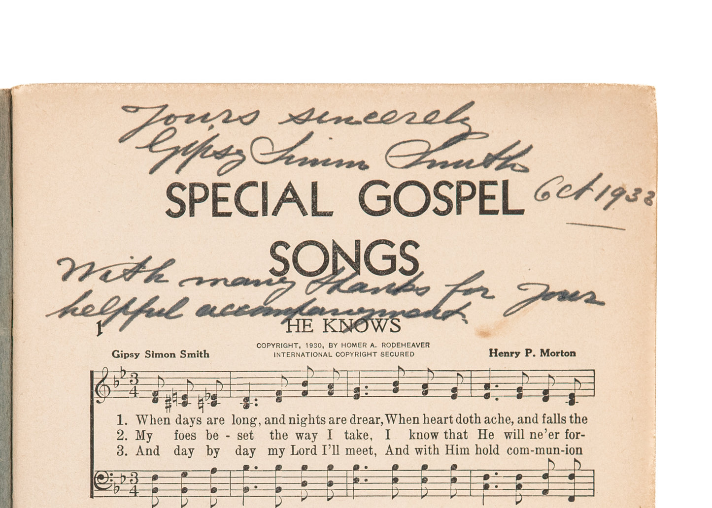 1920's GYPSY SIMON SMITH. Special Gospel Songs. Autographed Rodeheaver Revival Hymns.