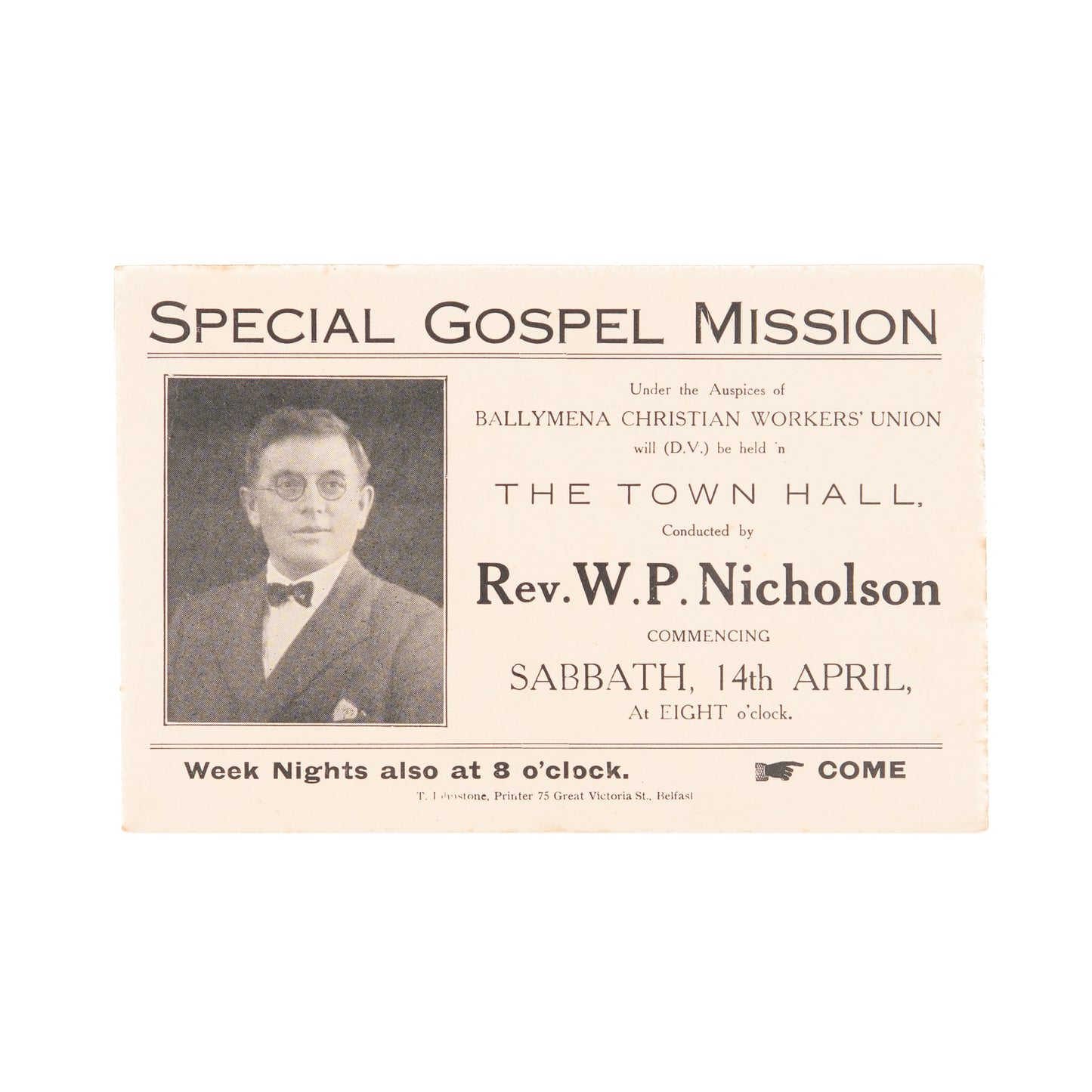 1930's REV. W. P. NICHOLSON. Special Gospel Mission 6"x4" Invite Card. Rare Irish Revivalist.