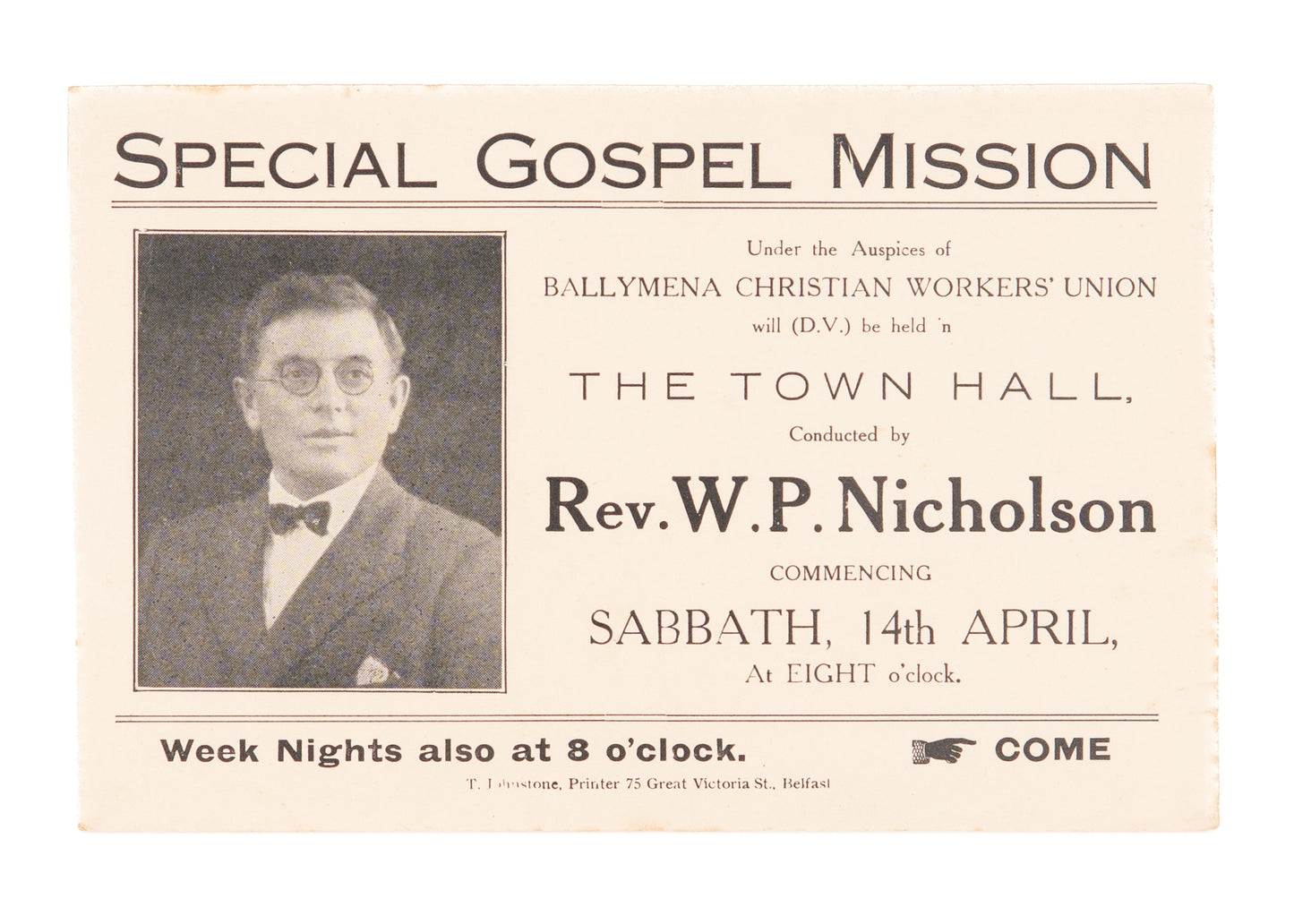 1930's REV. W. P. NICHOLSON. Special Gospel Mission 6"x4" Invite Card. Rare Irish Revivalist.