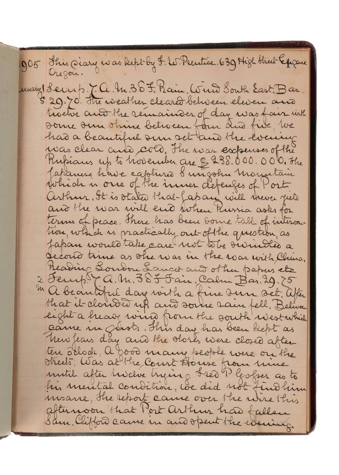 1905 DR. F. W. PRENTICE. Diary. Superb Oregon Doctor's Diary - Surgeries, Russian War, Oregon Scandals, &c.