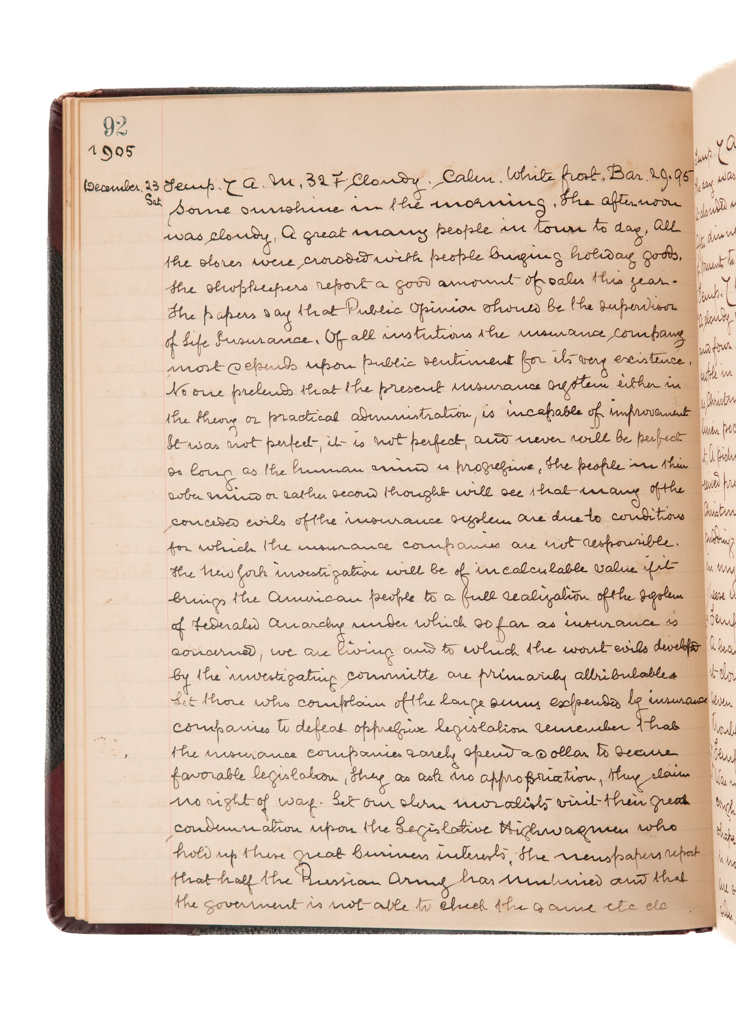 1905 DR. F. W. PRENTICE. Diary. Superb Oregon Doctor's Diary - Surgeries, Russian War, Oregon Scandals, &c.