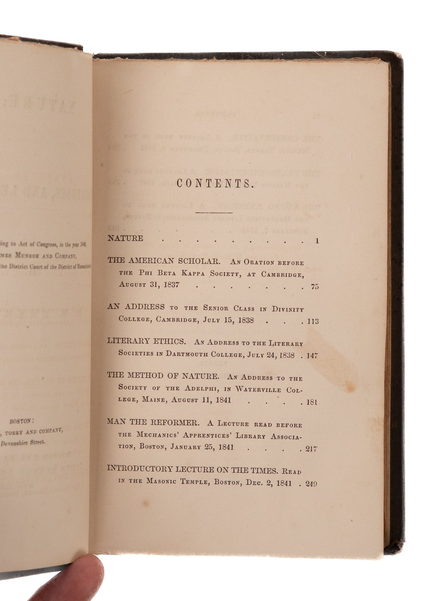 1849 RALPH WALDO EMERSON. Nature; Addresses and Lectures. First Edition on Transcendentalism