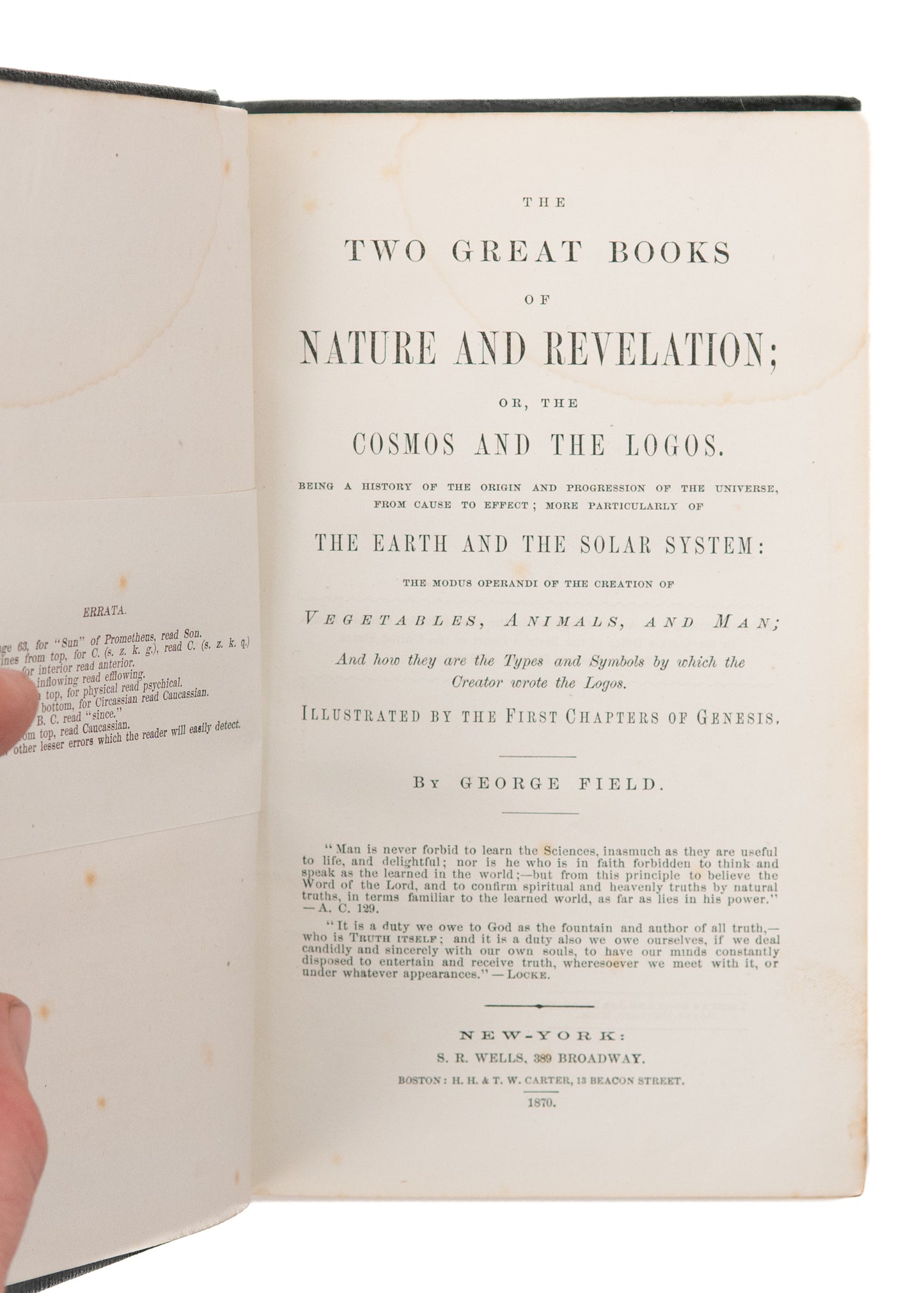 1870 GEORGE FIELD. The Two Great Books of Nature and Revelation. Christian-Aristotelian Work.