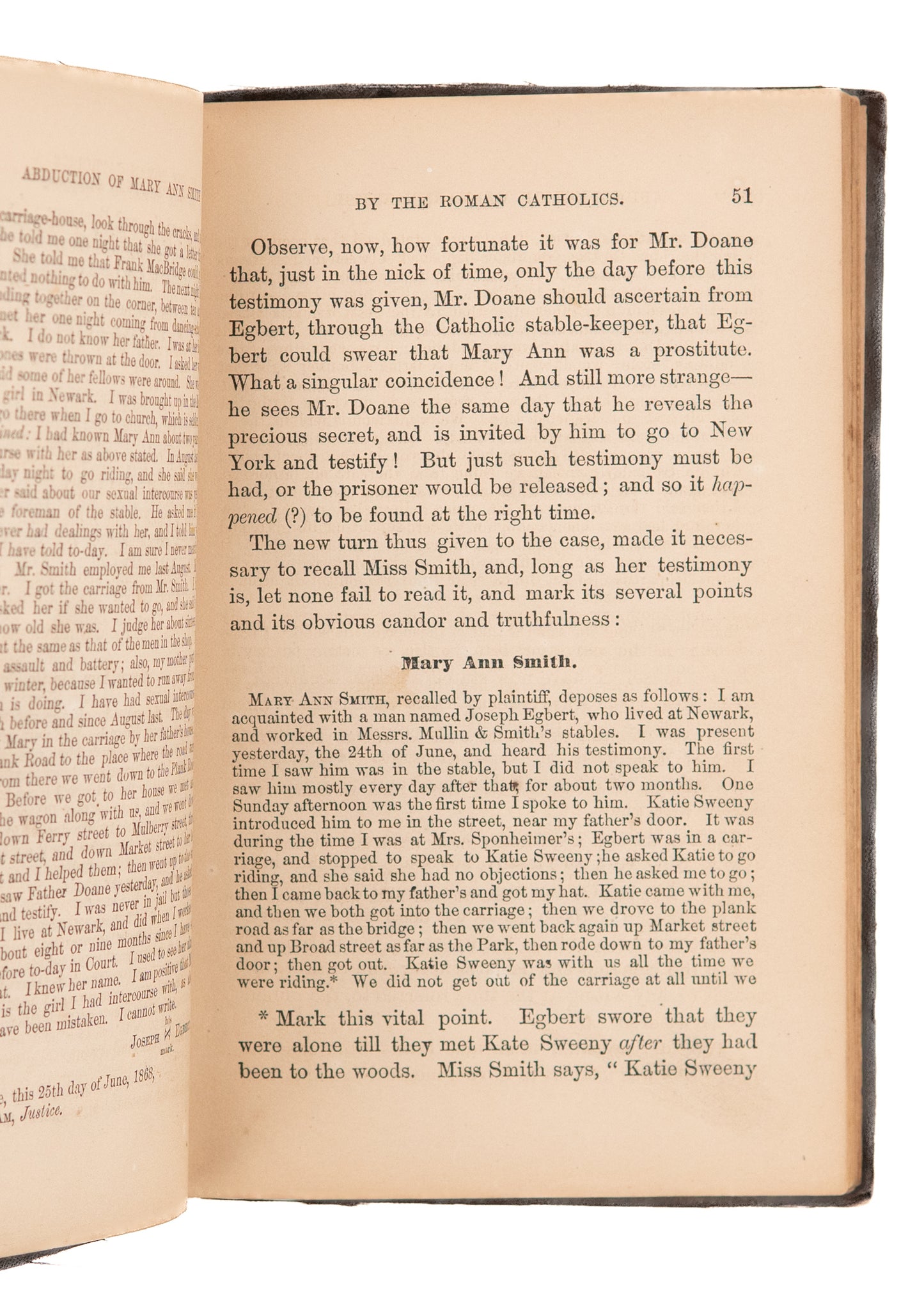 1868 METHODIST - CATHOLIC. Young Woman Abducted by Catholics for Converting to Methodism.