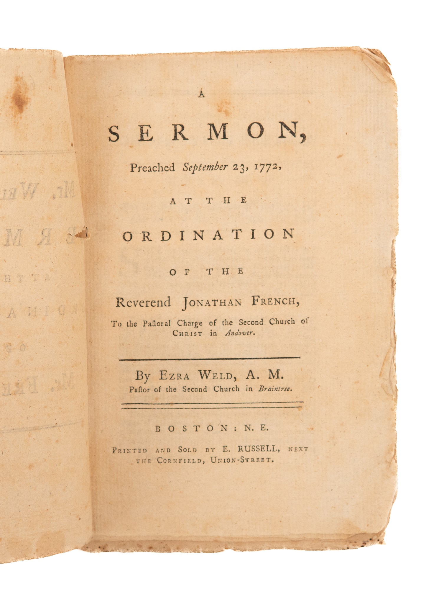 1772 EZRA WELD. Revolutionary War Ordination Sermon - Charge to Preach the Pure Words of God.