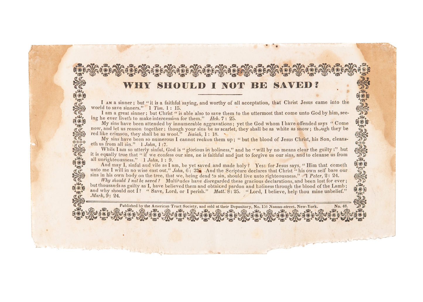 1831 AMERICAN TRACT SOCIETY "Why Should I Not Be Saved!" Exceptionally Rare Tract.