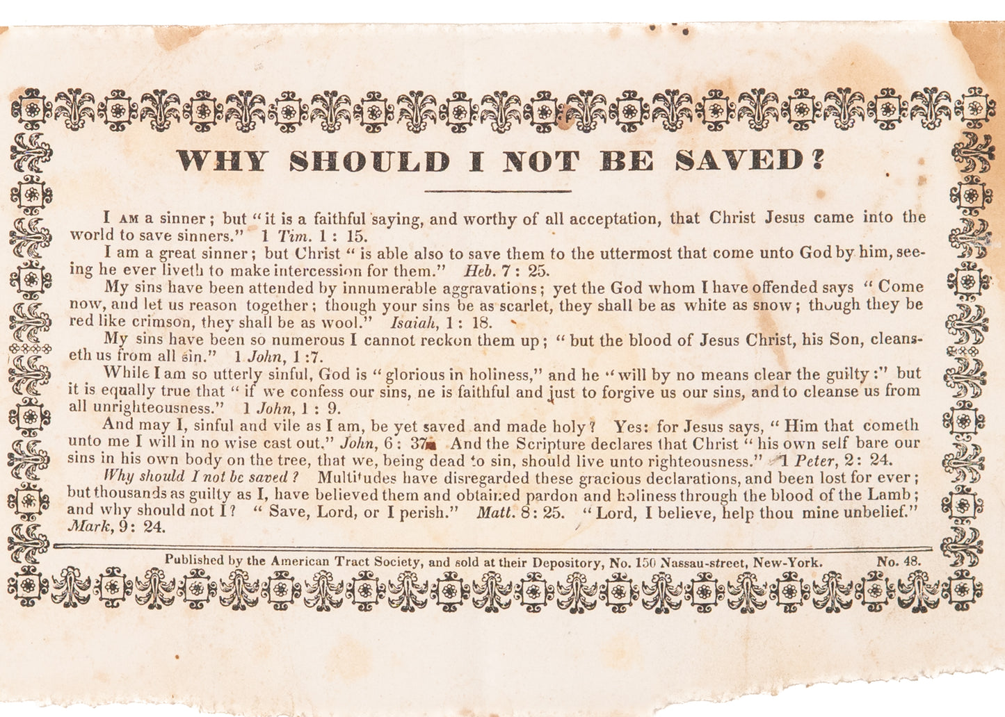 1831 AMERICAN TRACT SOCIETY "Why Should I Not Be Saved!" Exceptionally Rare Tract.