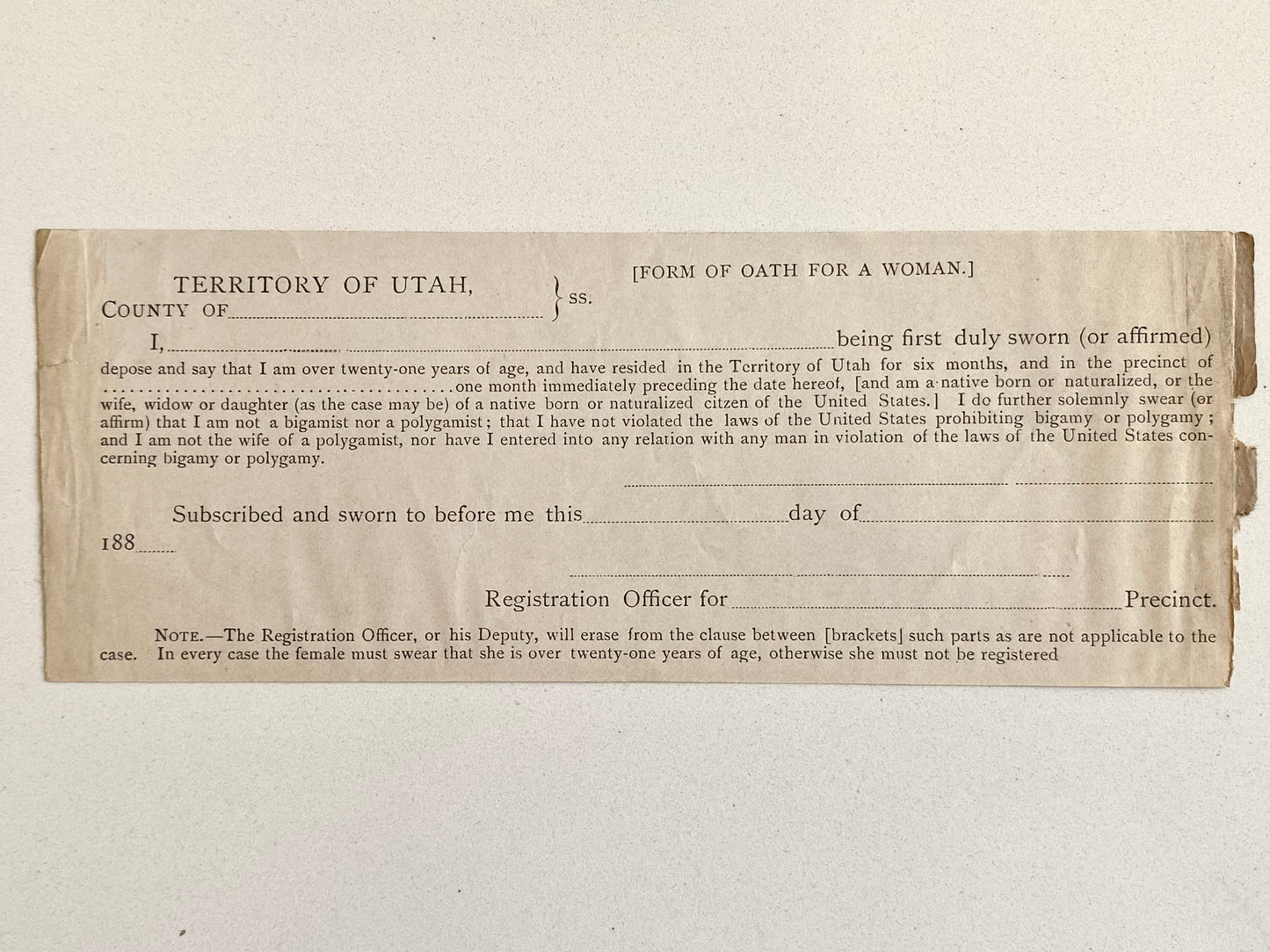 1880 MORMON - LATTER DAY SAINTS. Sworn Oath for Mormon Woman Against Polygamy.