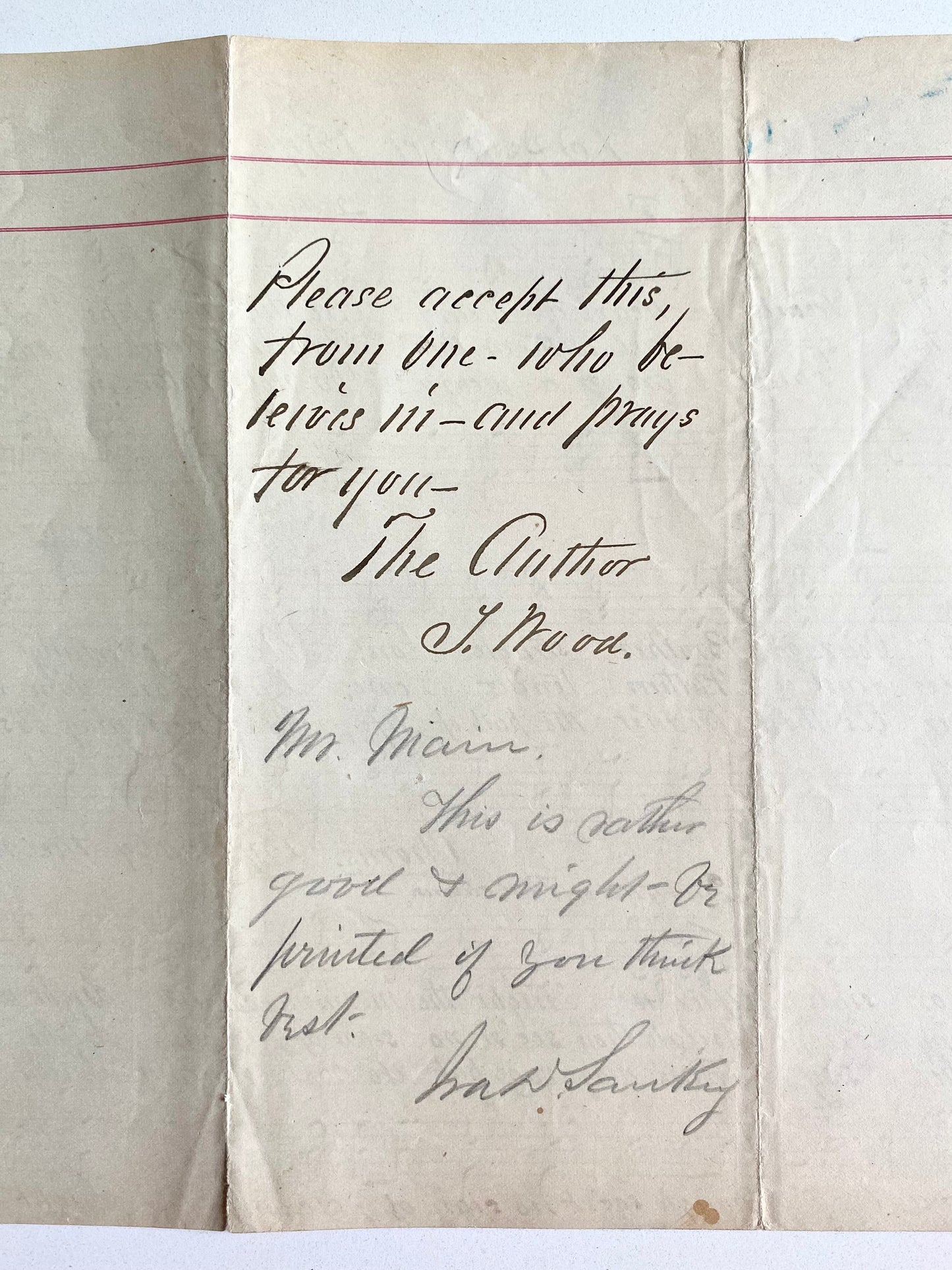 1875 IRA SANKEY. Manuscript Hymn "By and By" with Sankey's Comments and Autograph!