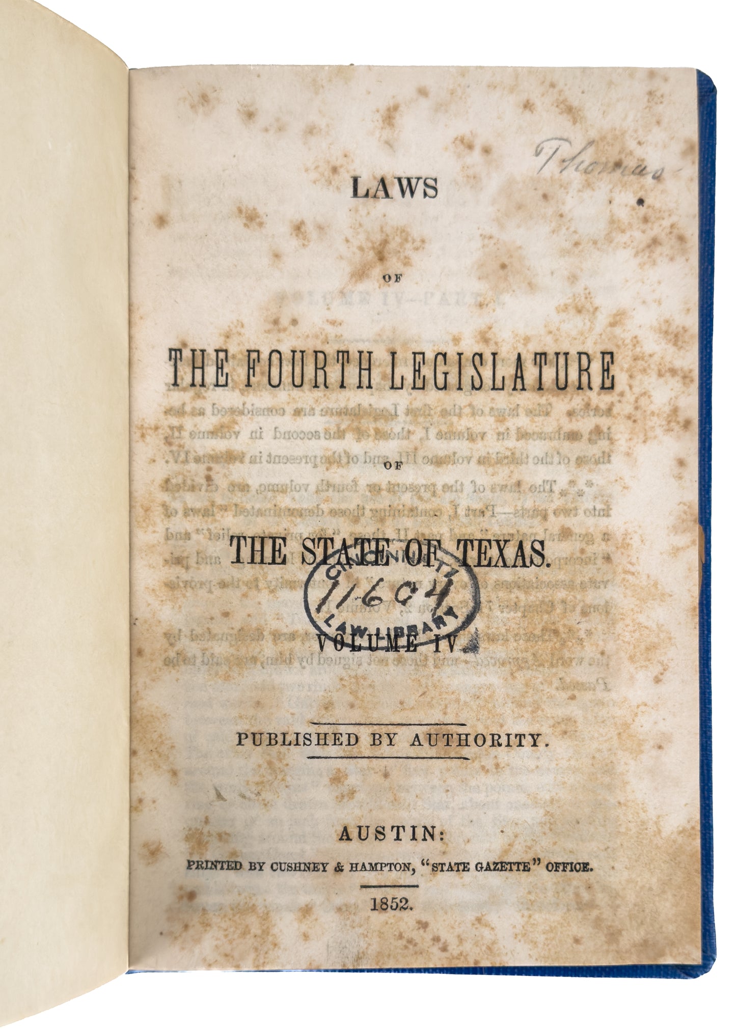 1851-1853 TEXAS & SLAVERY. Rare Group of Four Early Texas Government Works Affecting Slaves.