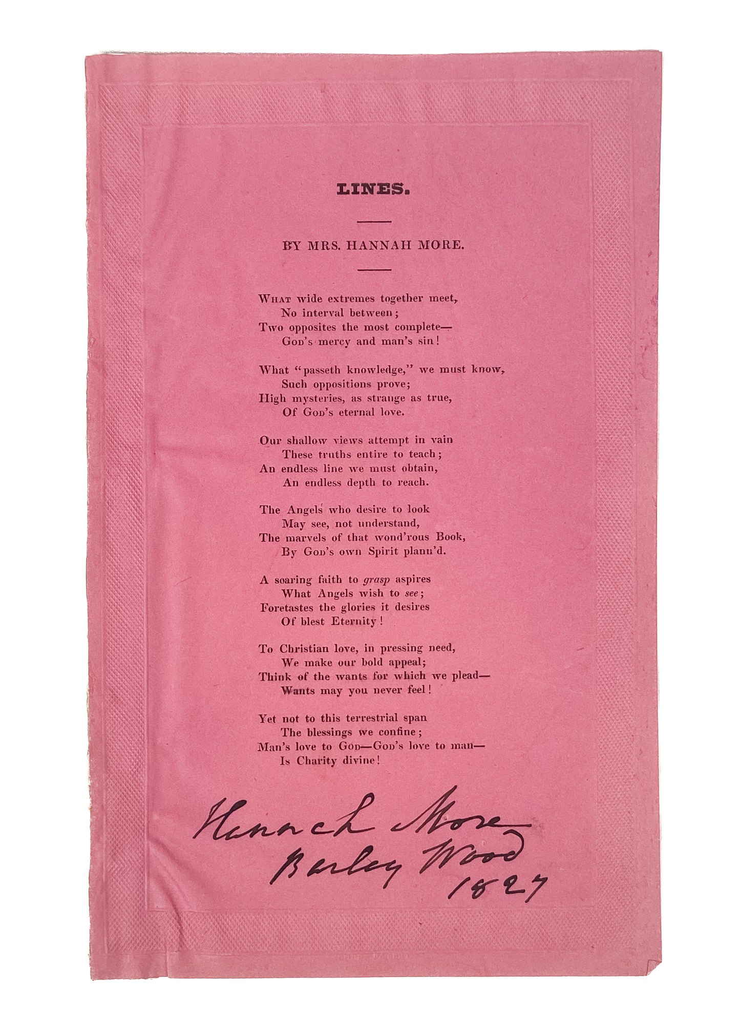 1827 HANNAH MORE. Beautiful Signed Broadside Hymn - Poem on Love of God.