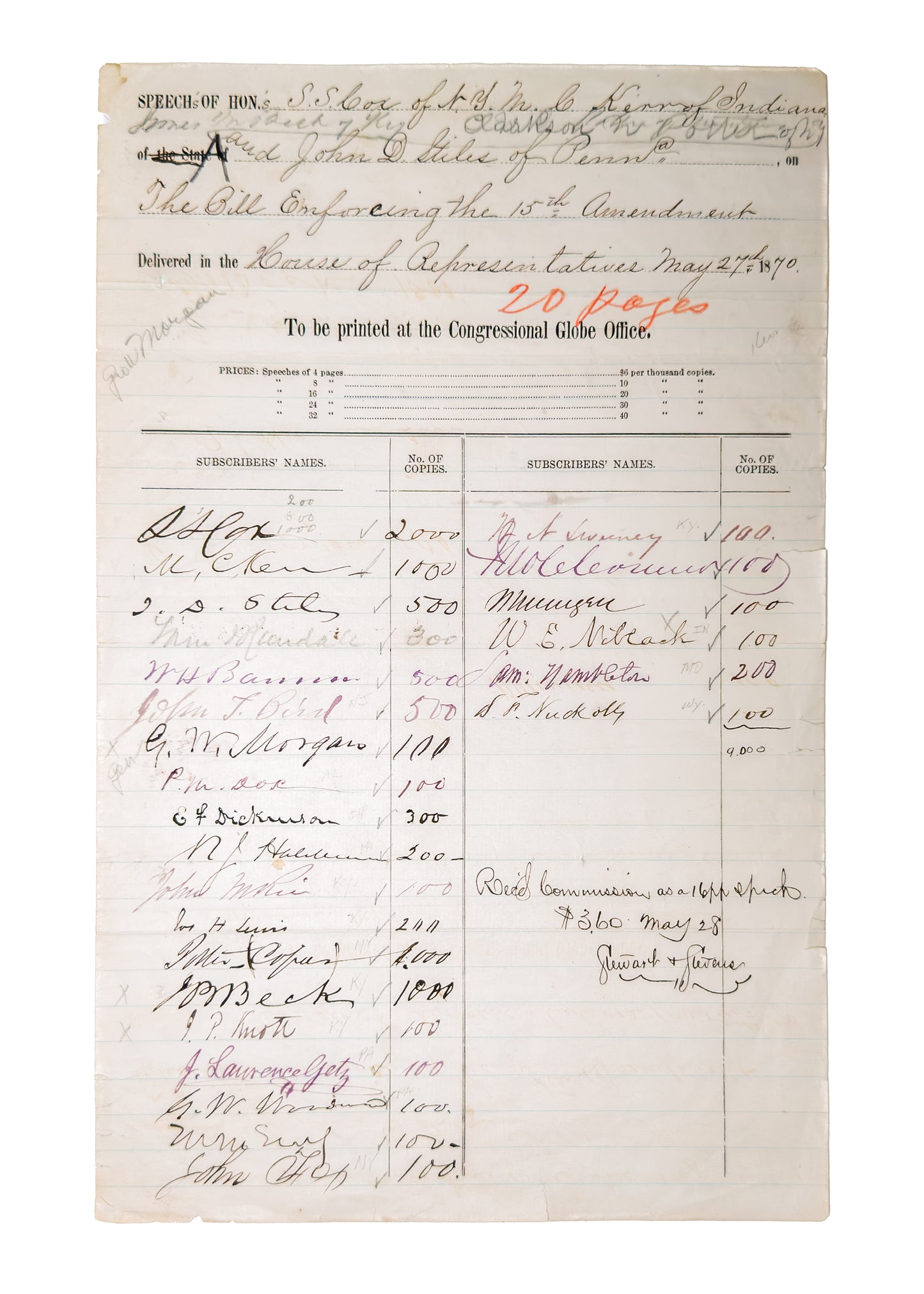 1870 AGAINST ENFORCEMENT 15th AMENDMENT. The Autographs of 25 Representatives Against Black Voting Rights.