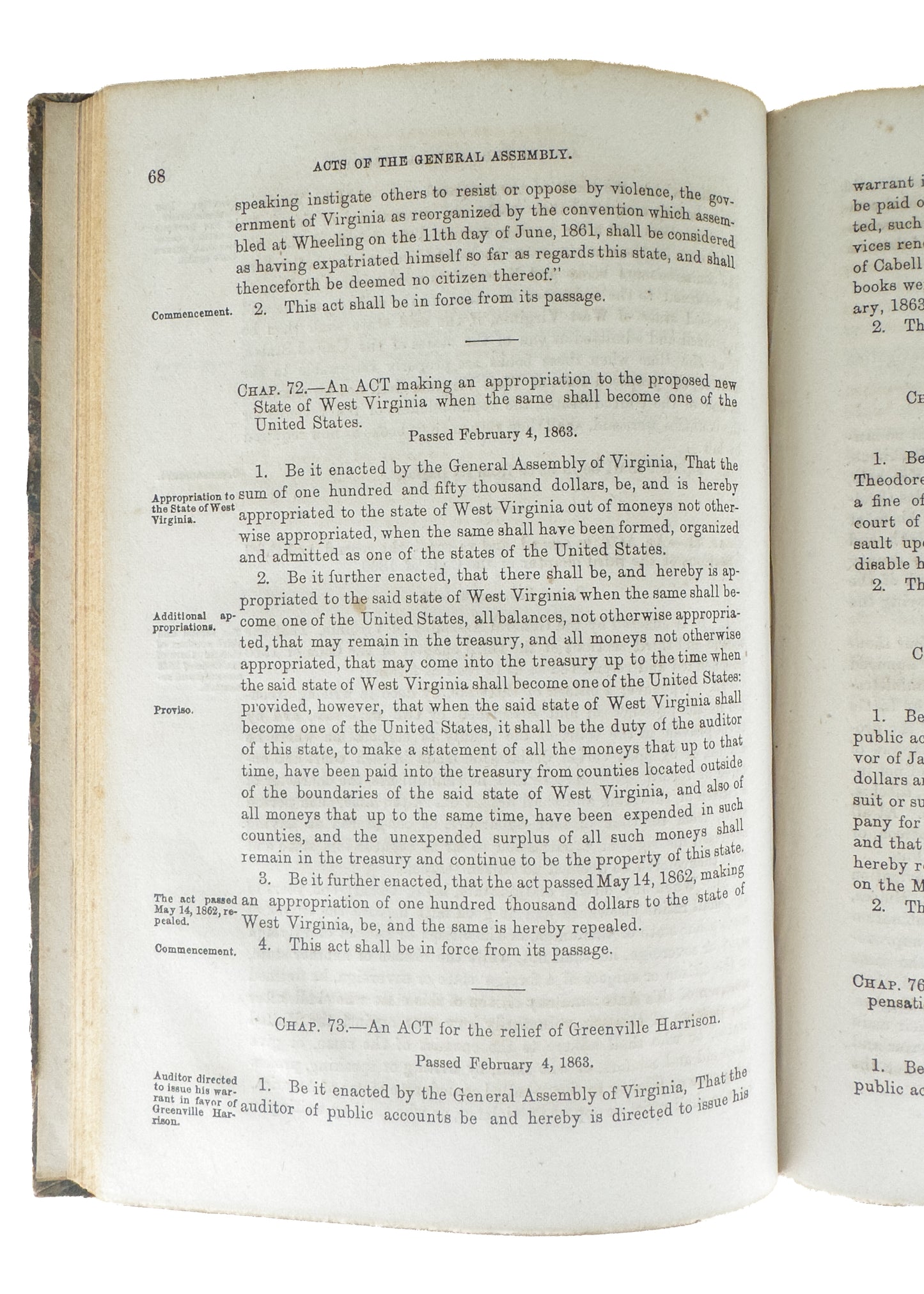 1862 WEST VIRGINIA. Extra Session of Virginia Assembly - Civil War, Slavery, West Virginia Statehood.