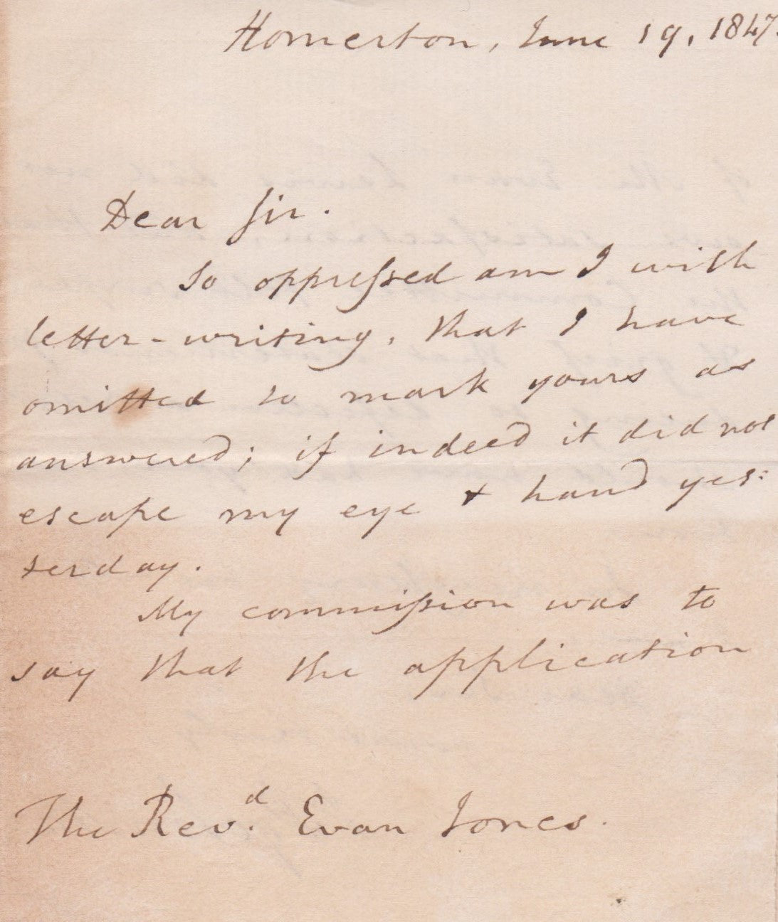 1847 JOHN PYE SMITH. Letter Expressing Disdain for Unsatisfactory Candidate for Ministry.