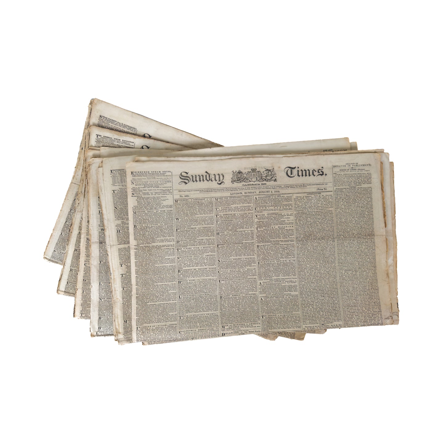 1833 SUNDAY TIMES. Passage of Wilberforce's Slavery Abolition Act; Wilberforce Obituary; Extensive Slavery Content.
