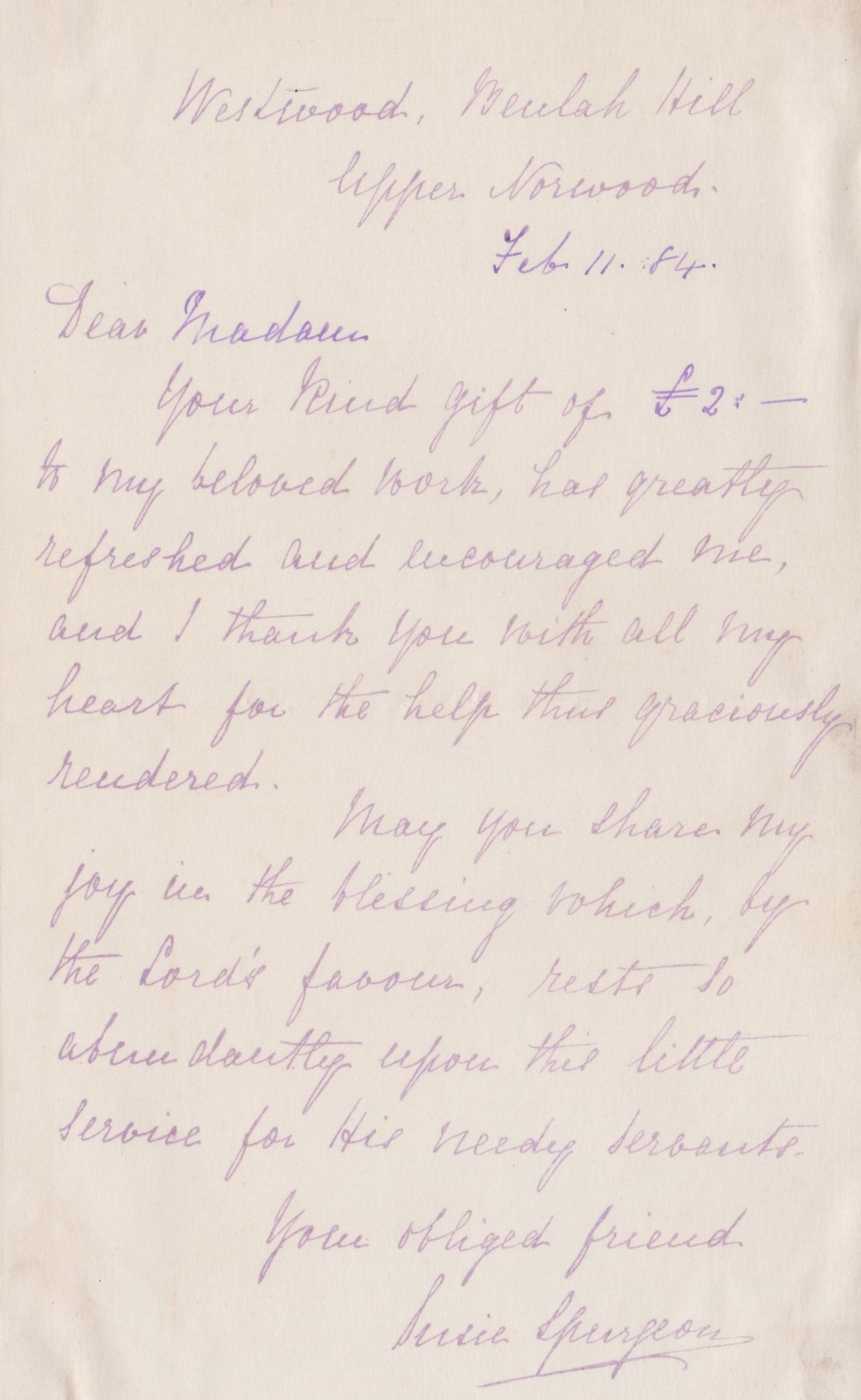 1884 MRS. C. H. SPURGEON. Attractive Manuscript Note Thanking a Donor to Her Book Fund.