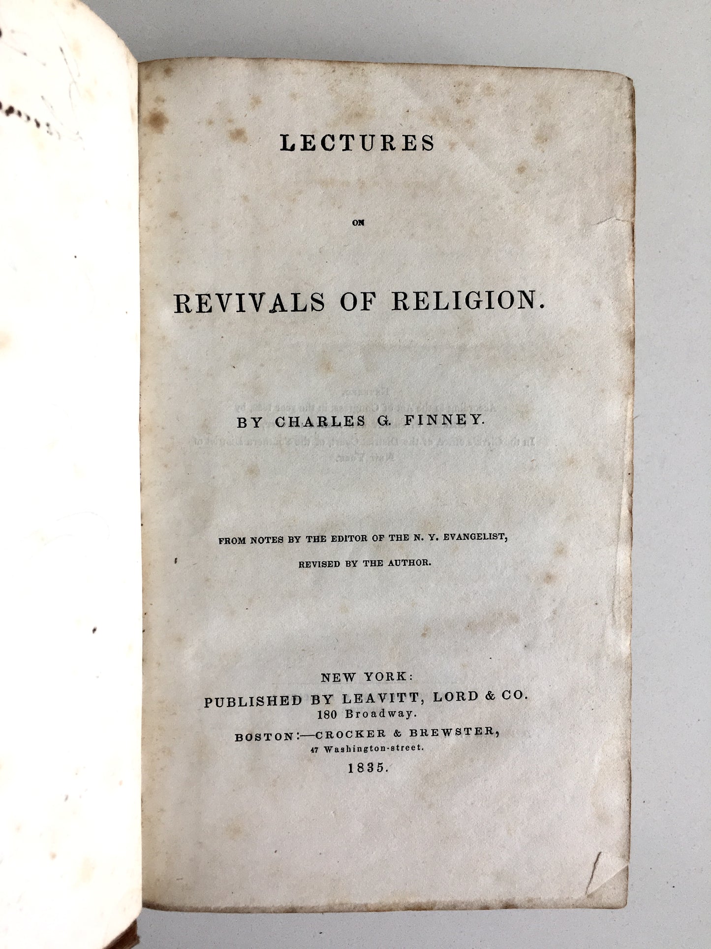 1835 CHARLES G. FINNEY. Lectures on Revivals of Religion. True First Edition, First Printing
