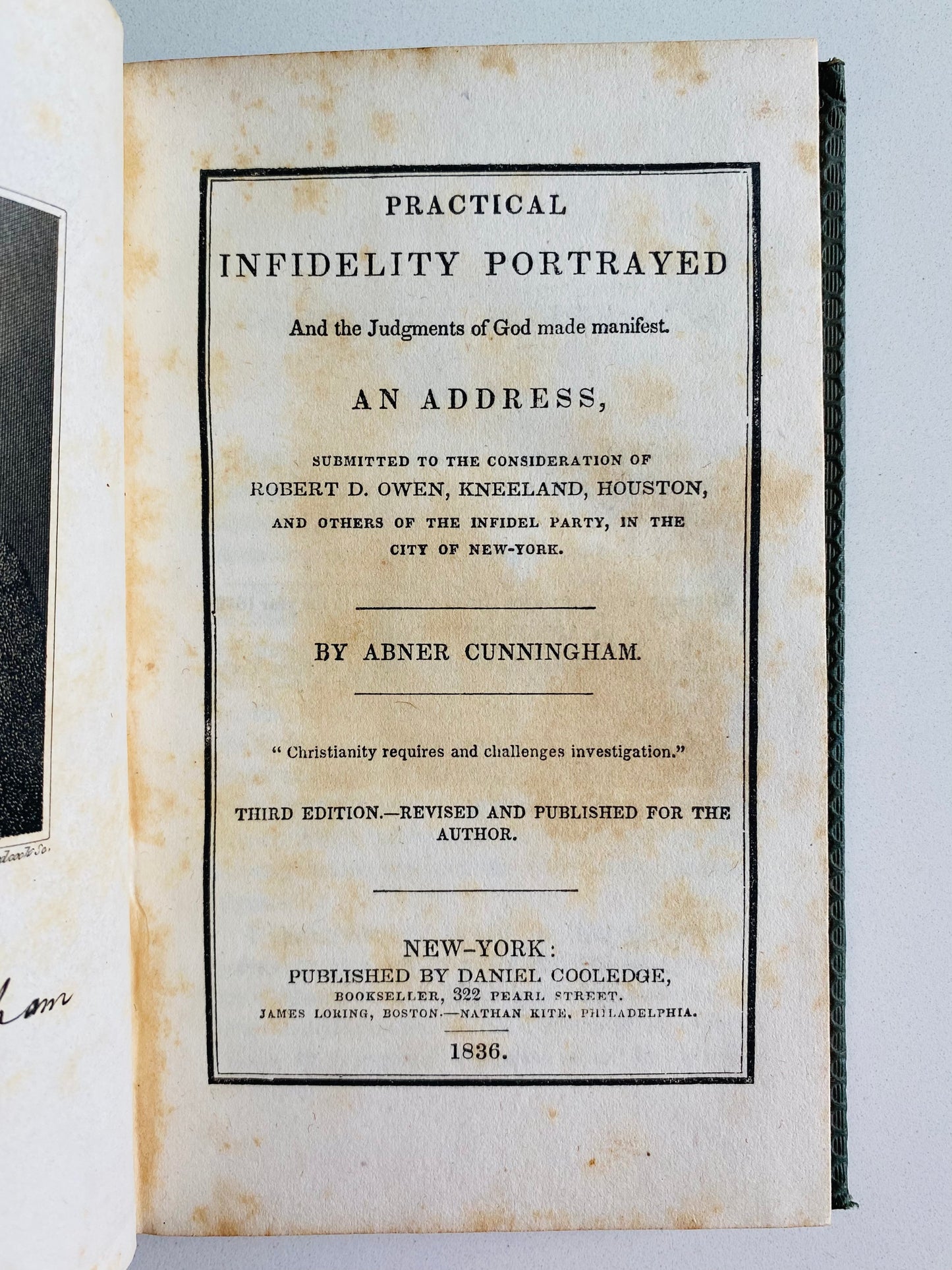1836 ABNER CUNNINGHAM. The Judgment of Infidels and Atheists throughout History. RARE