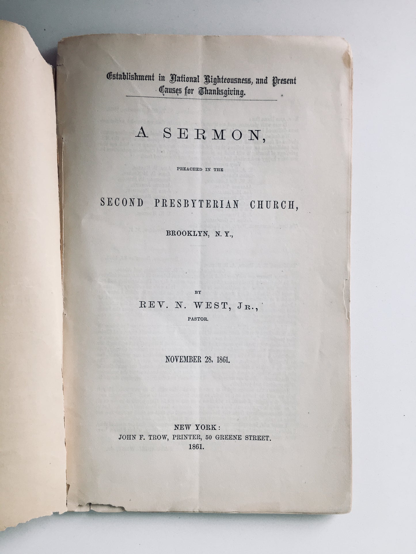 1861 NATHANIEL WEST. Civil War Sermon on National Righteousness - Thanksgiving Sermon