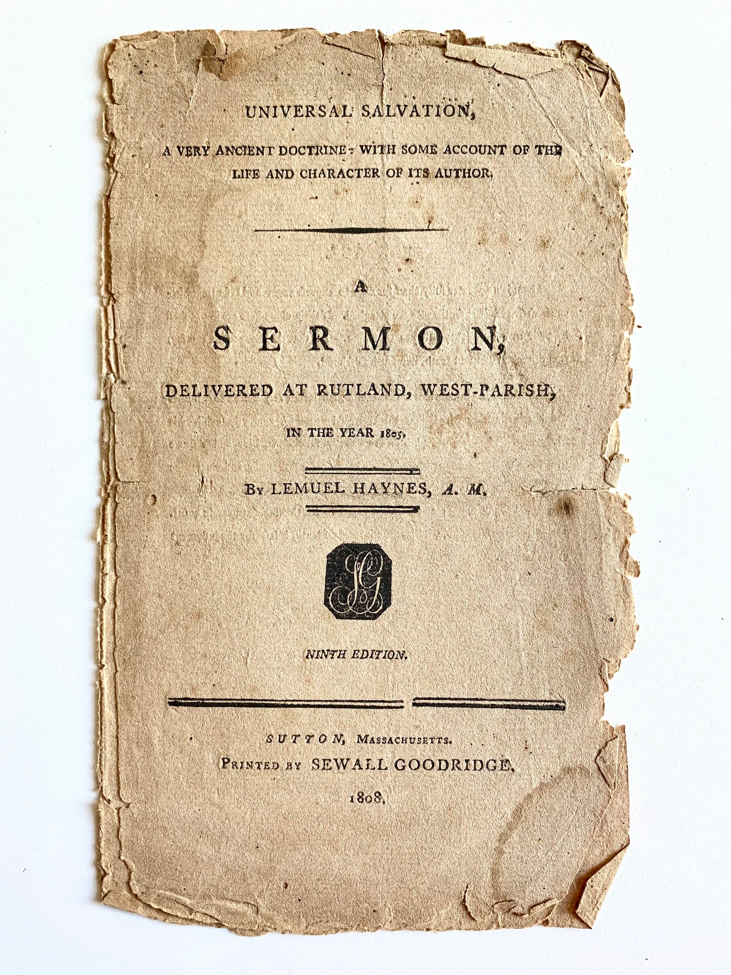 1808 LEMUEL HAYNES. Rare Sermon by the "Black Puritan" of New England on Universal Salvation