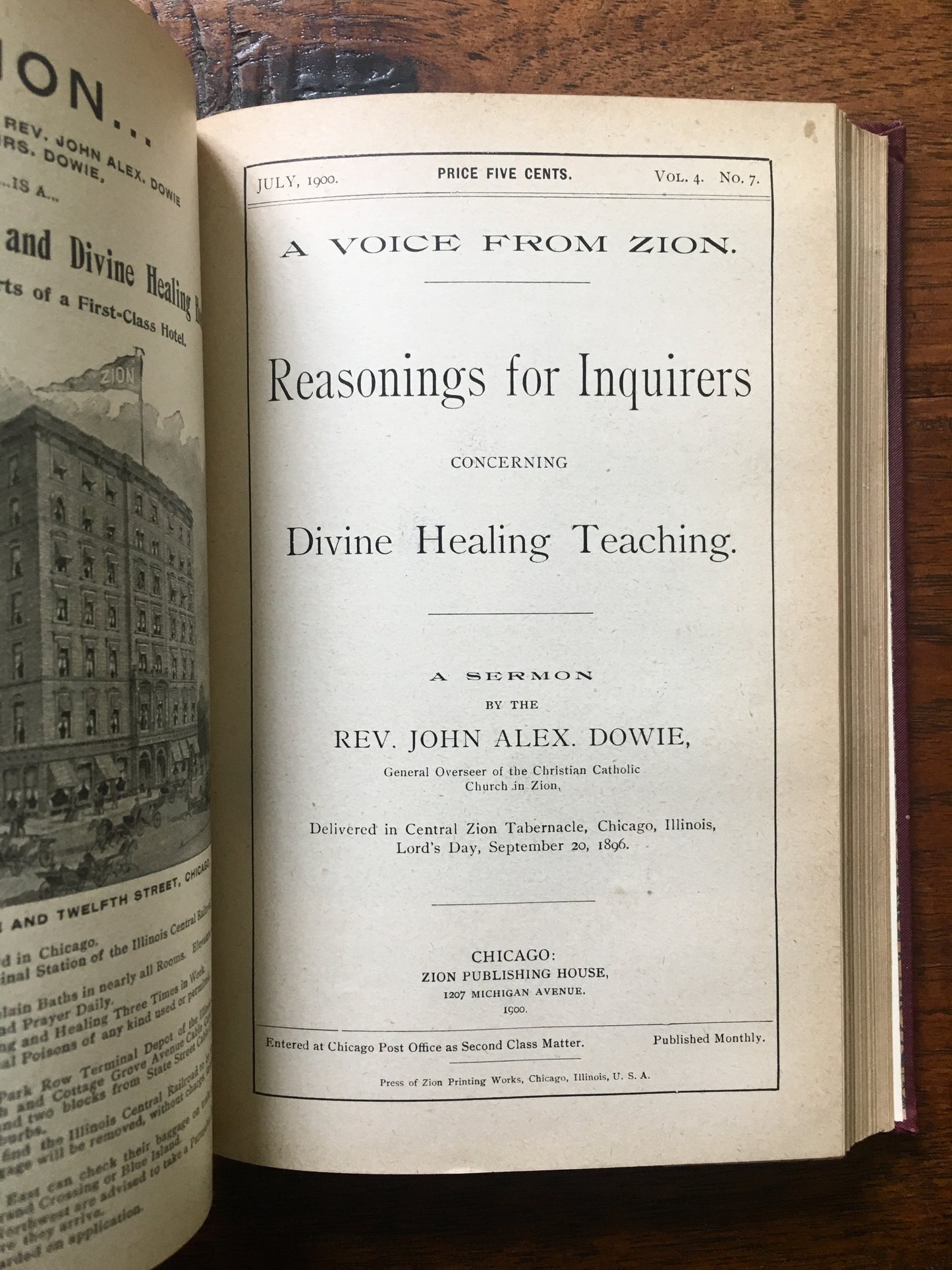 1900 JOHN ALEXANDER DOWIE. A Voice from Zion Magazine. Superb Provenance