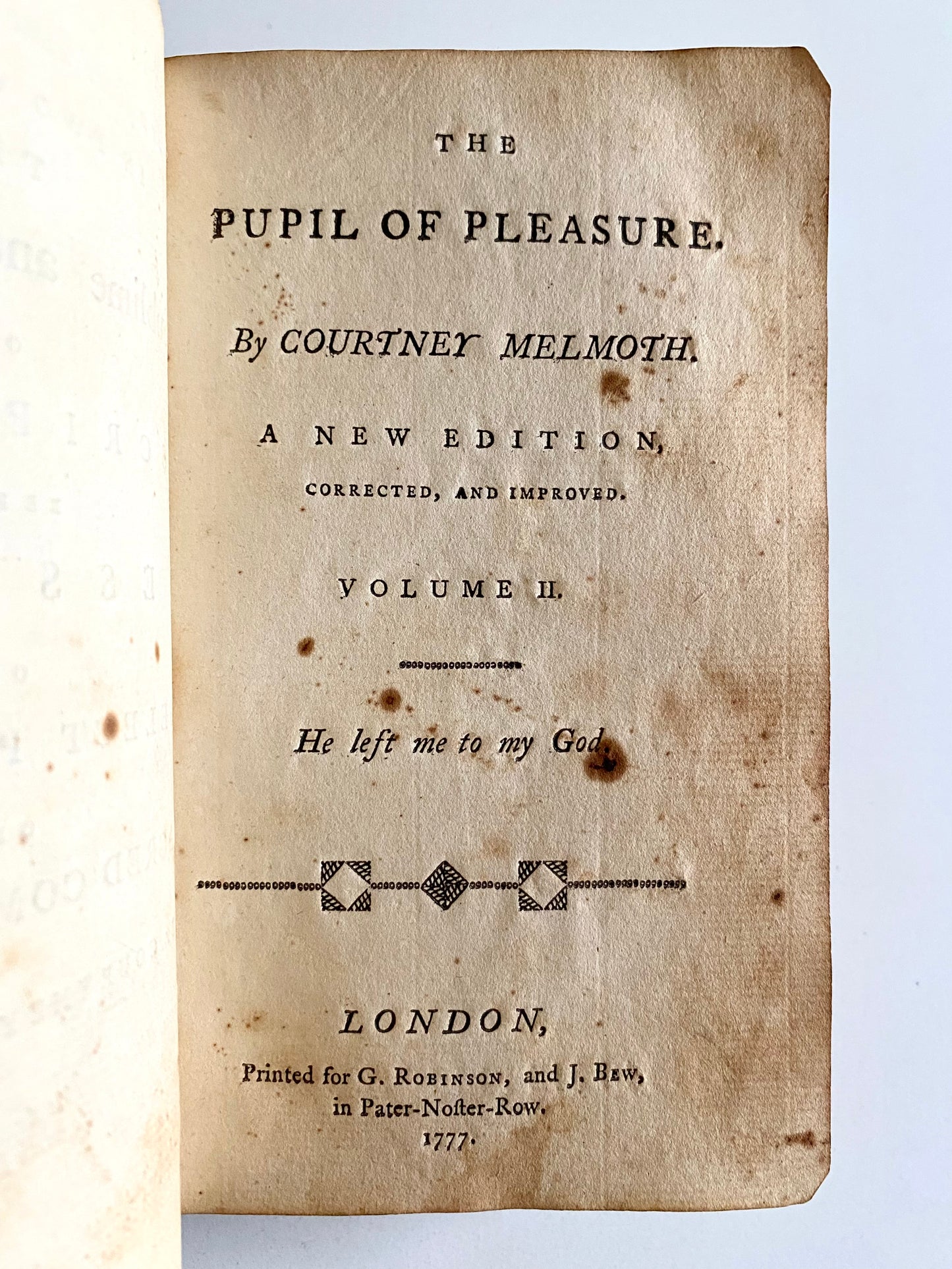 1777 SAMUEL JACKSON PRATT. Clergyman Leaves Ministry to Write 18th Century Erotica. Washington D.C. Provenance.
