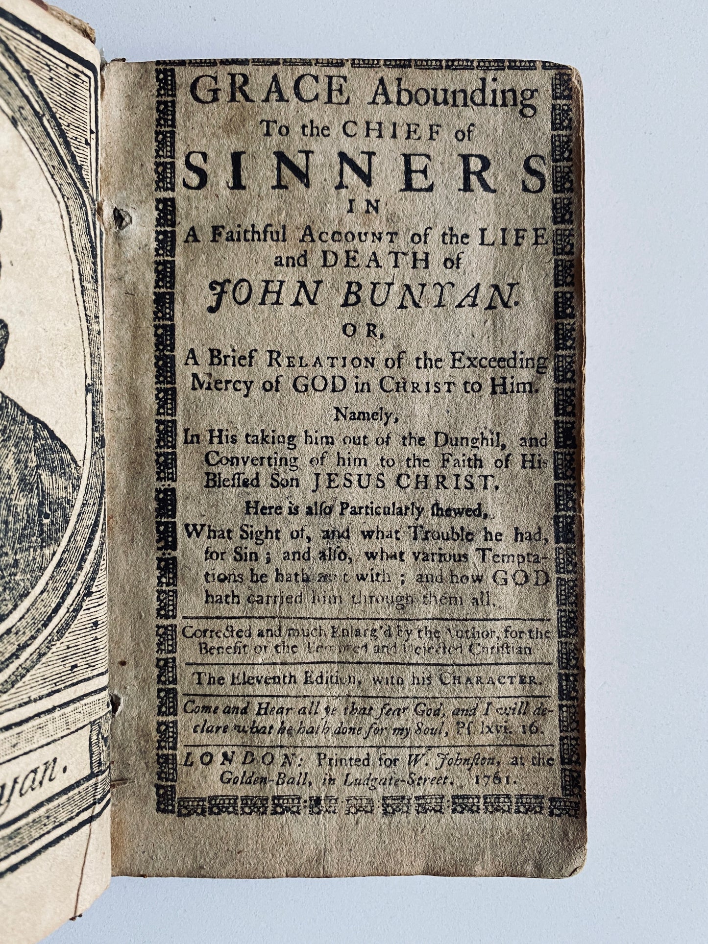 1761 JOHN BUNYAN. Grace Abounding to the Chief of Sinners. Charming Early Edition w/Frontis
