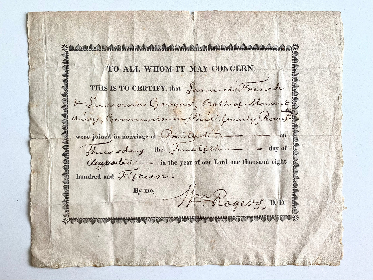 1778 WILLIAM ROGERS. Marriage Certificate by Baptist Chaplain in American Revolutionary War.