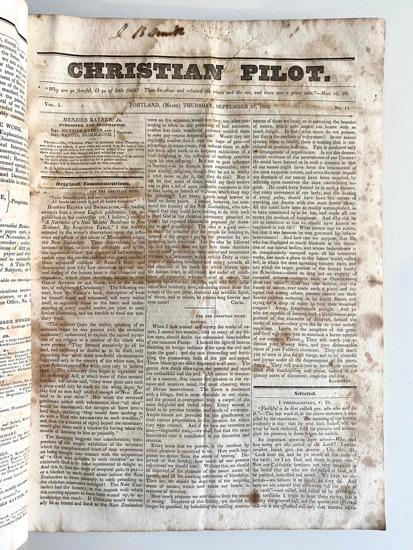 1832-1837 THE CHRISTIAN PILOT MAGAZINE. Important Revivalist Christian Universalist Periodical - Mormons &c.
