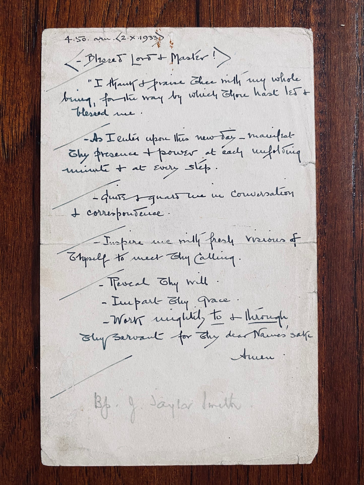 1933 KESWICK. Autograph Devotion by Important Keswick Divine - Written 4.50 am!