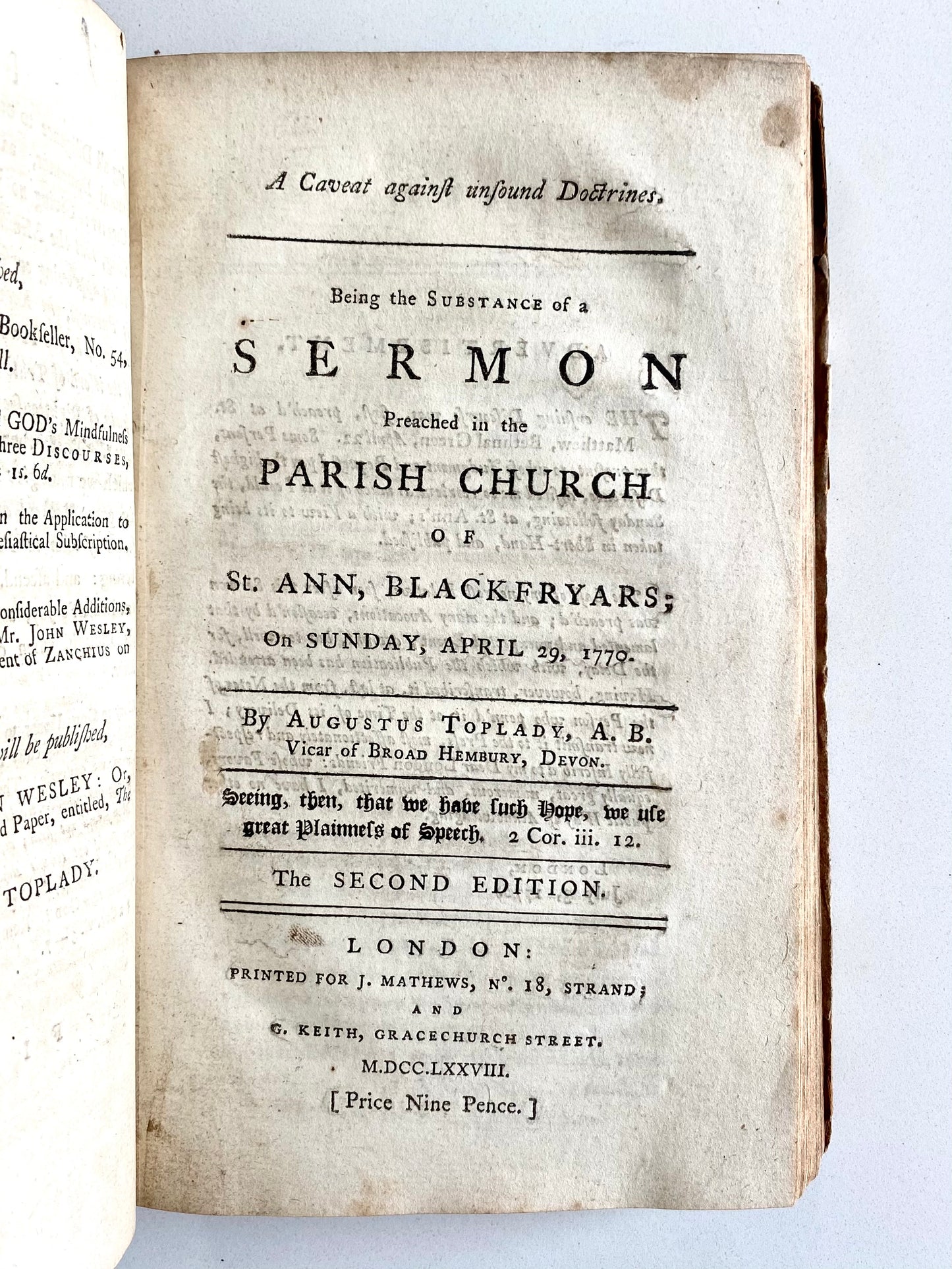 1776 AUGUSTUS TOPLADY. Sammelband of Sermons on American Revolution & John Wesley, &c.