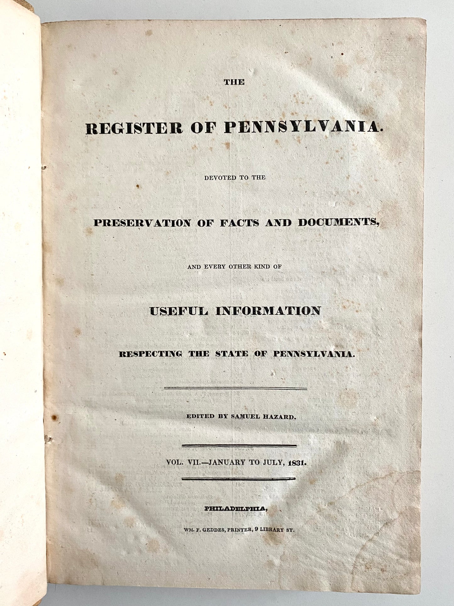 1831 PENNSYLVANIA REGISTER. Rare Amish, Mennonite, Free Coloured Persons, Slaves, &c.