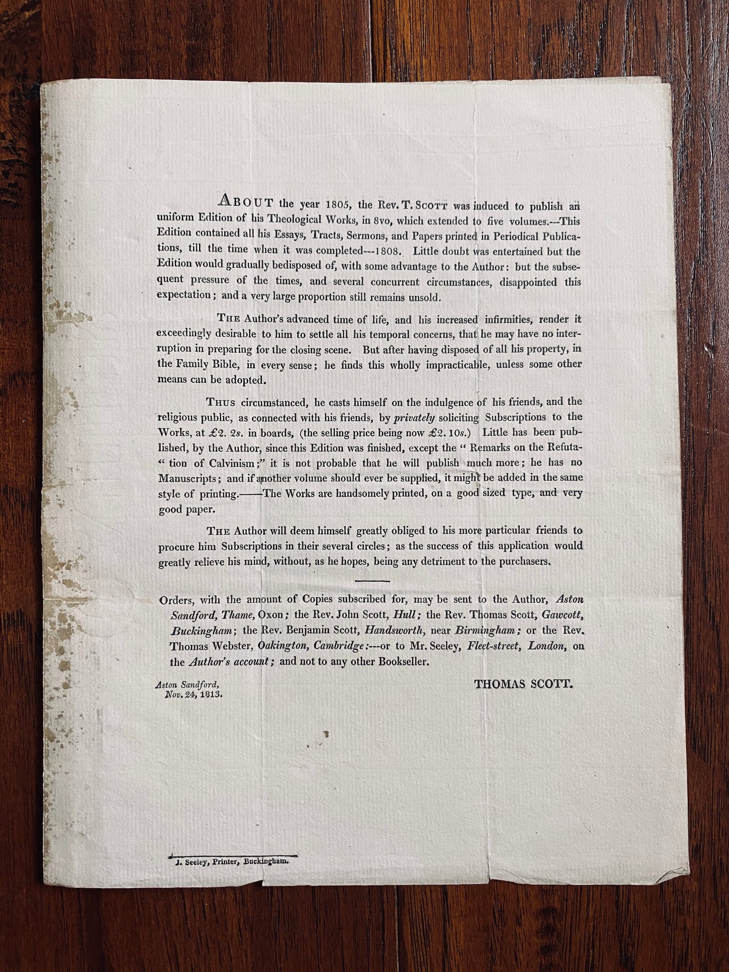 1813 THOMAS SCOTT. Manuscript Letter re: His Published Works - Charles Simeon &c.