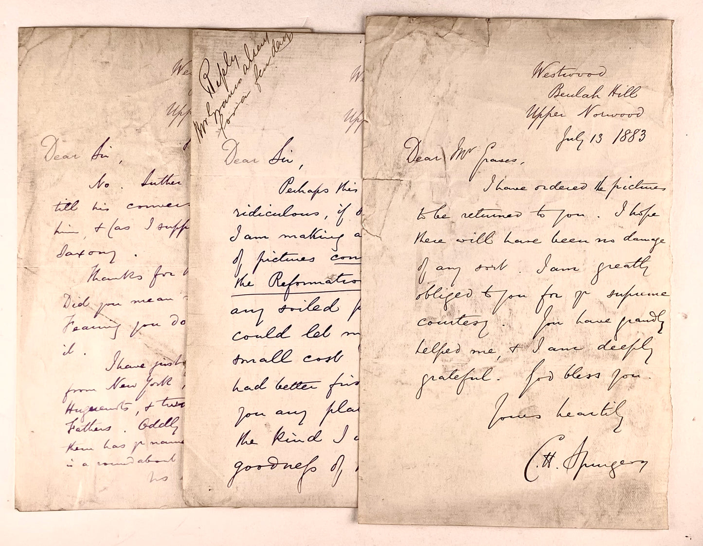 1882 C. H. SPURGEON. Group of Three Connected Autograph Letters on the Reformation & Martin Luther.