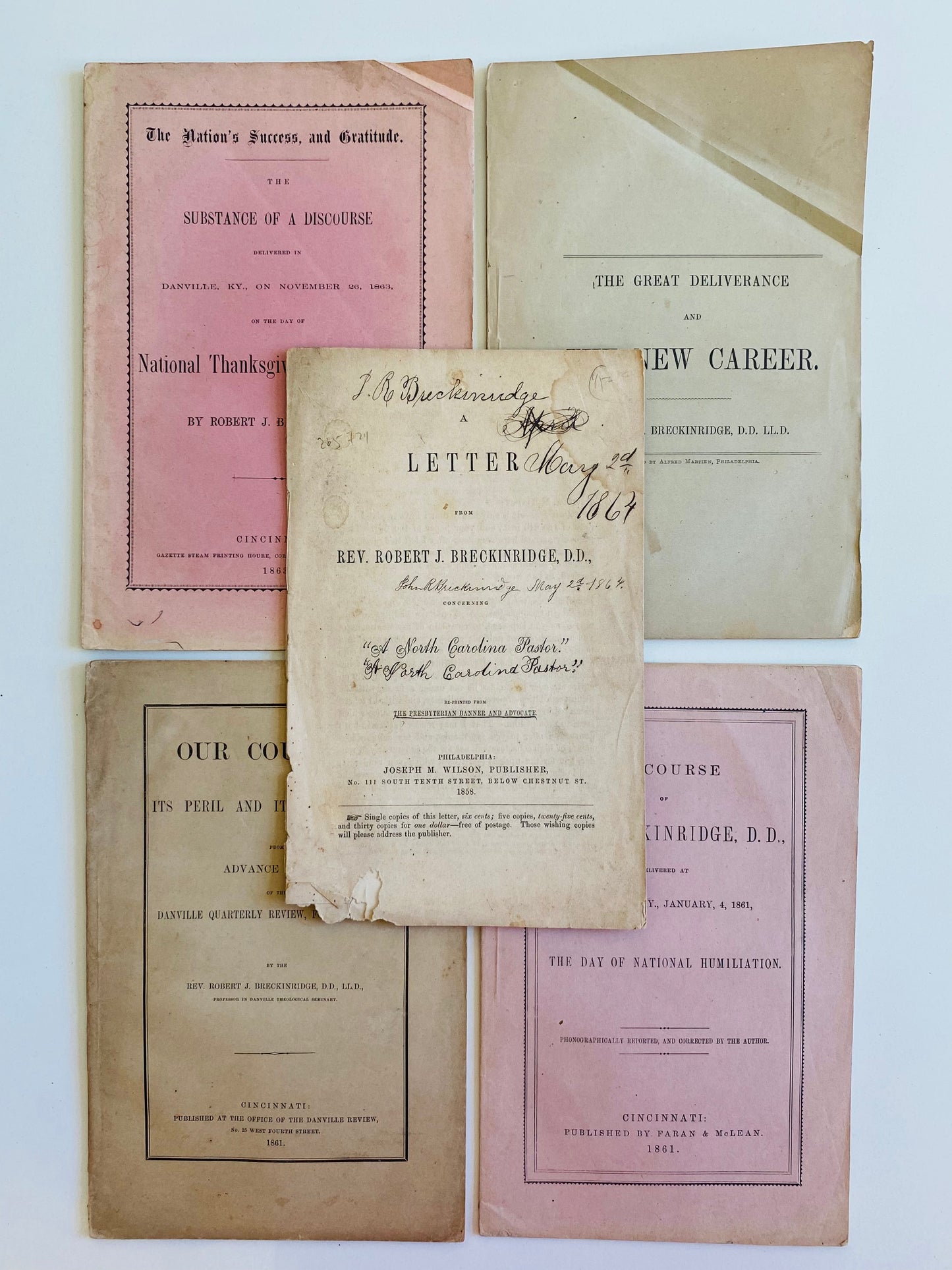 1861 ROBERT J. BRECKINRIDGE. Important Group of Sermons by Prominent Pro-Lincoln Kentucky Presbyterian.