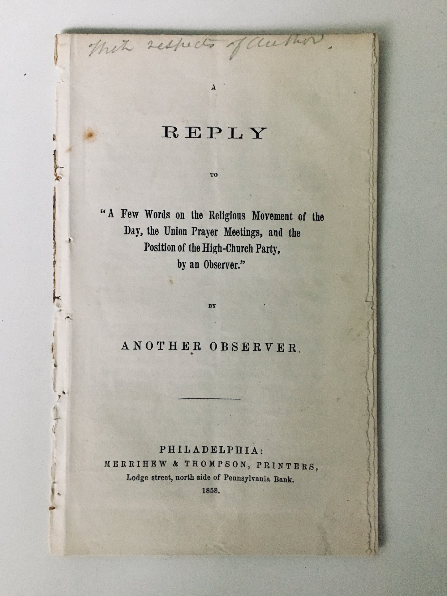 1858 ANOTHER OBSERVER. Friend of Prayer Revival Responds to Genuine Concerns