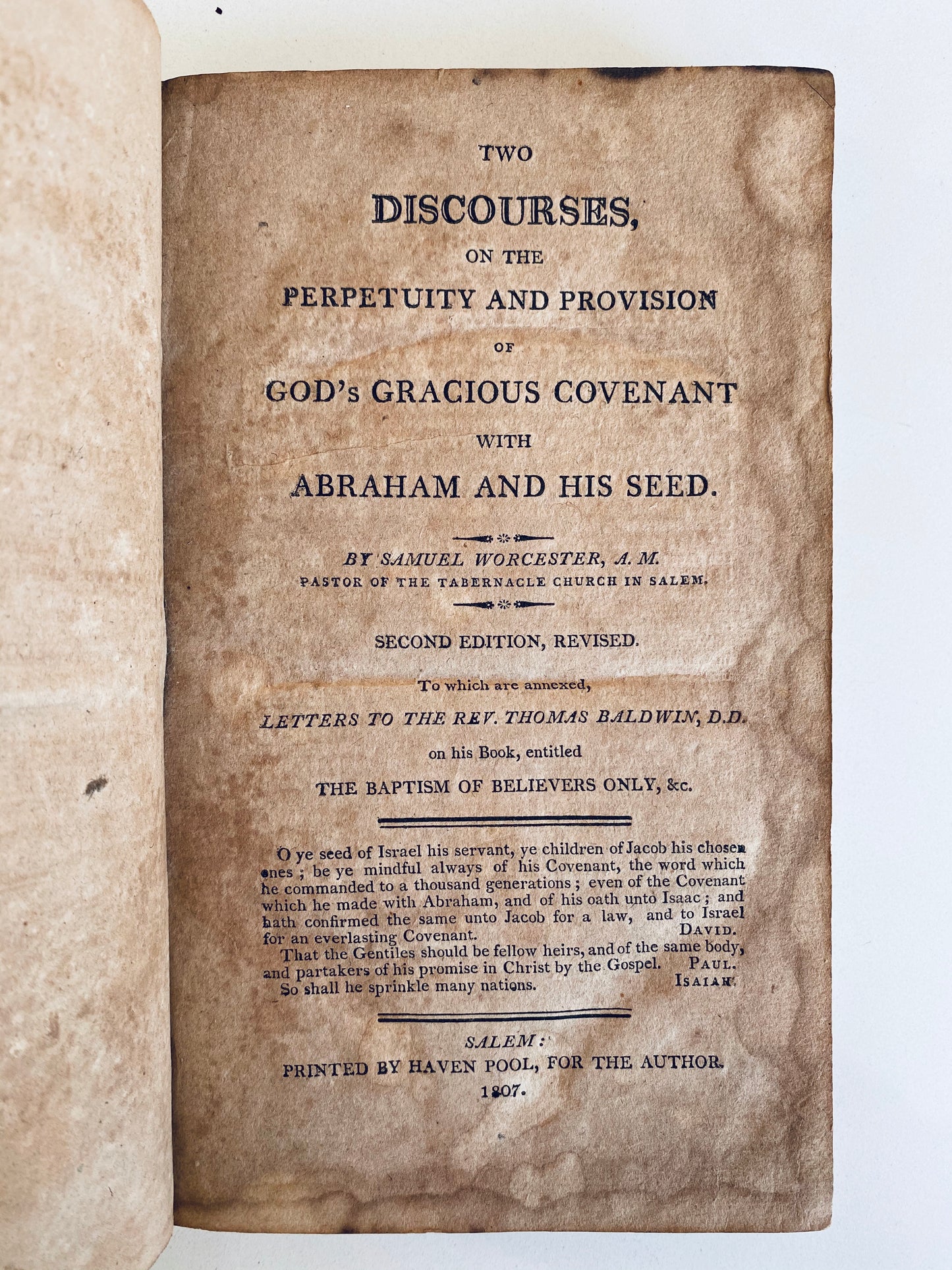 1807 SAMUEL WORCESTER. Rare Work Against Thomas Baldwin on Believer's Baptism
