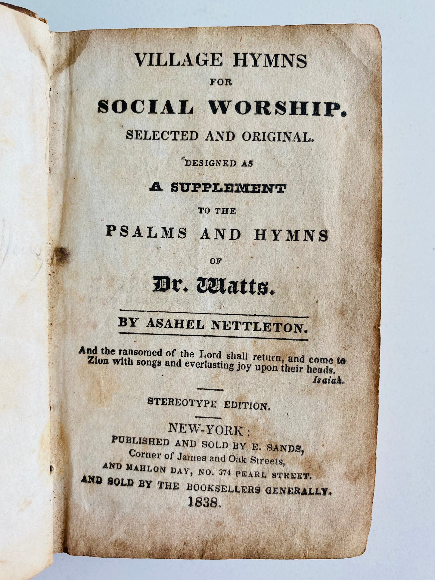 1838 ASAHEL NETTLETON. Village Hymns Used in the Revival of the Religion. Second Great Awakening.