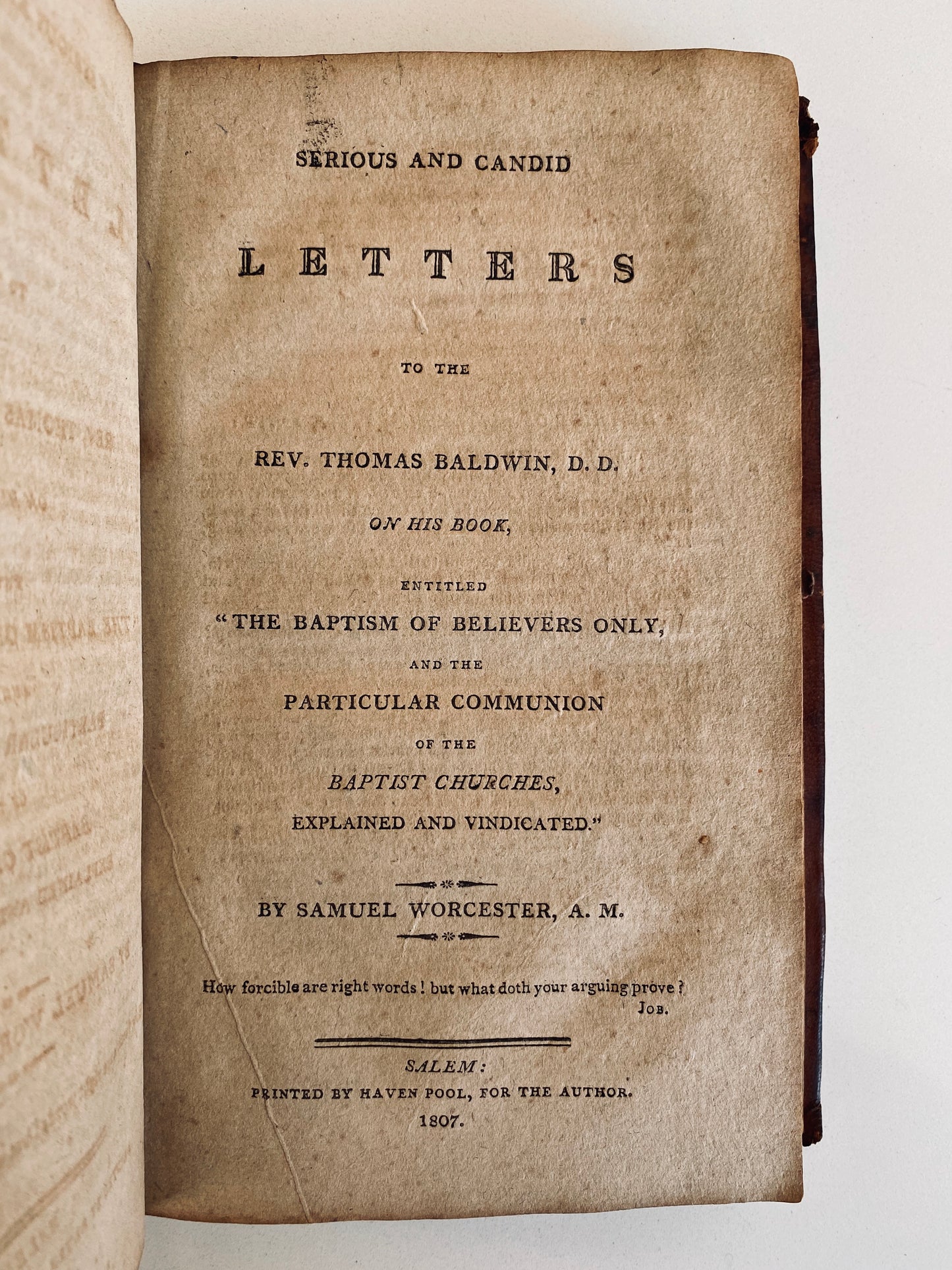 1807 SAMUEL WORCESTER. Rare Work Against Thomas Baldwin on Believer's Baptism