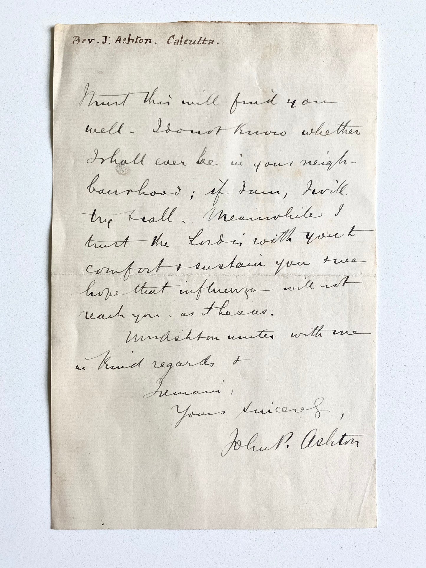1859 J. P. ASHTON. Autograph Letter from Missionary to Calcutta, India.