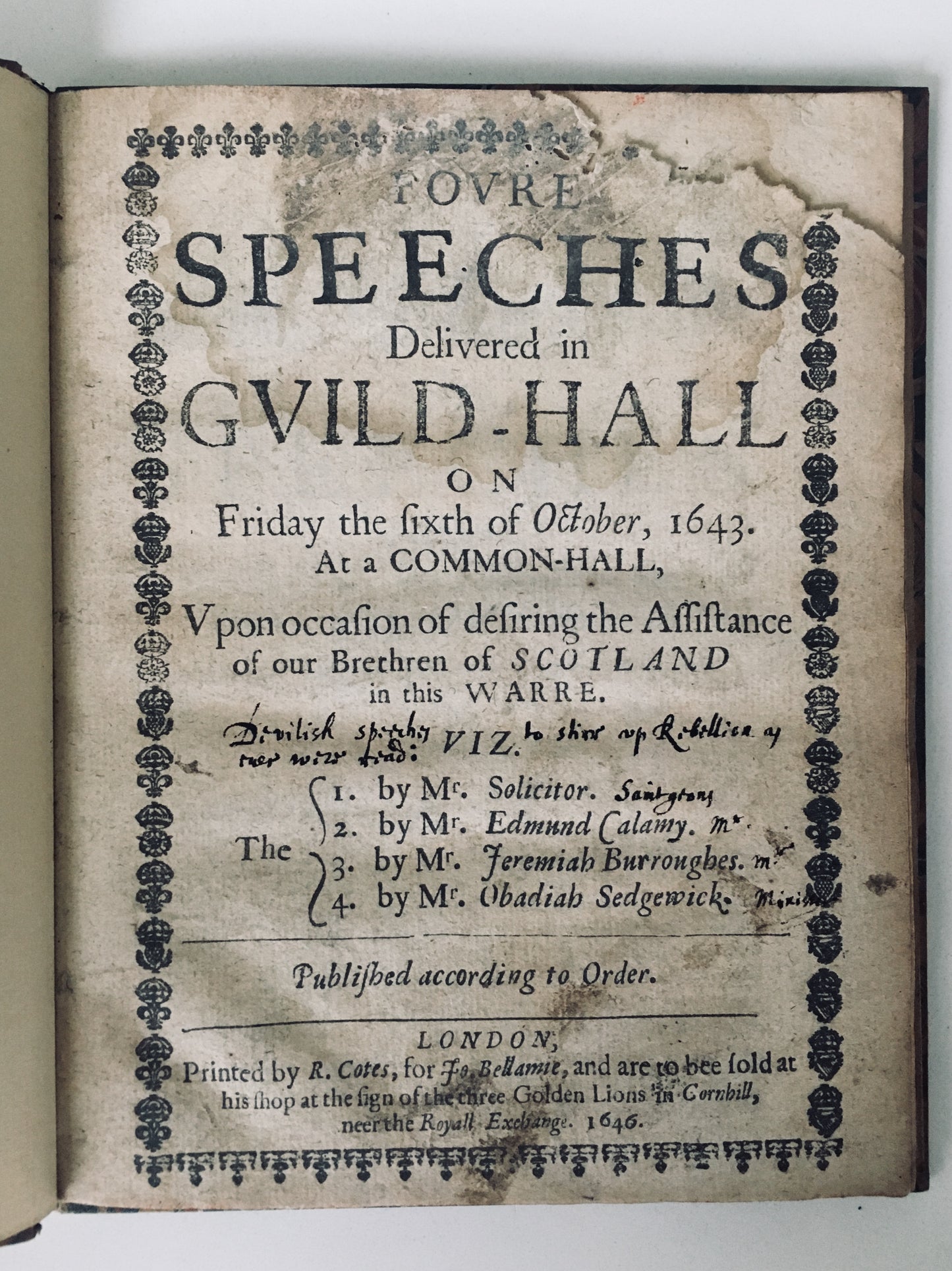 1643 JEREMIAH BURROUGHS Et Al. Puritan & Covenanter Sermons Against the Crown RARE w/Period Manuscript Notes