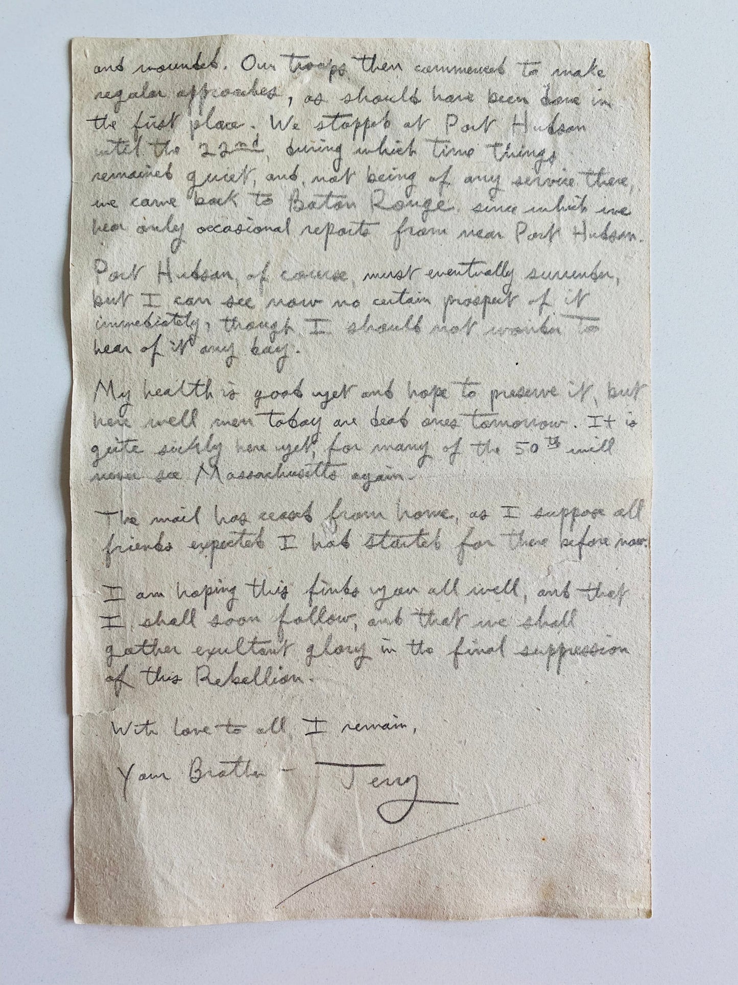 1863 CIVIL WAR. Rare Diary Style Letter Recounting Siege of Port Hudson in Baton Rouge, Louisiana