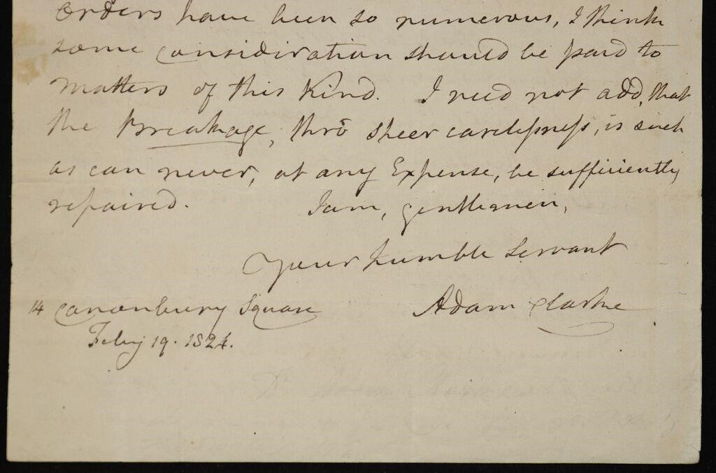 1824 ADAM CLARKE. Extensive 2pp Autograph Letter Reproving a Moving Company. Very Attractive.