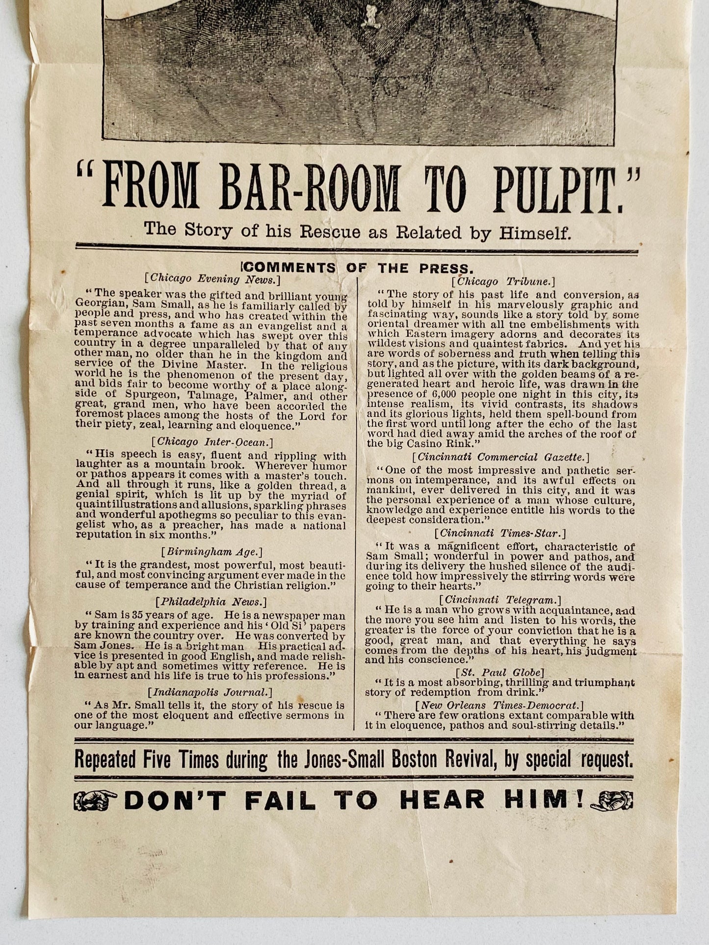 1887 SAM SMALL. Rare Broadside of Revivalist & Evangelist Converted Under Sam Jones