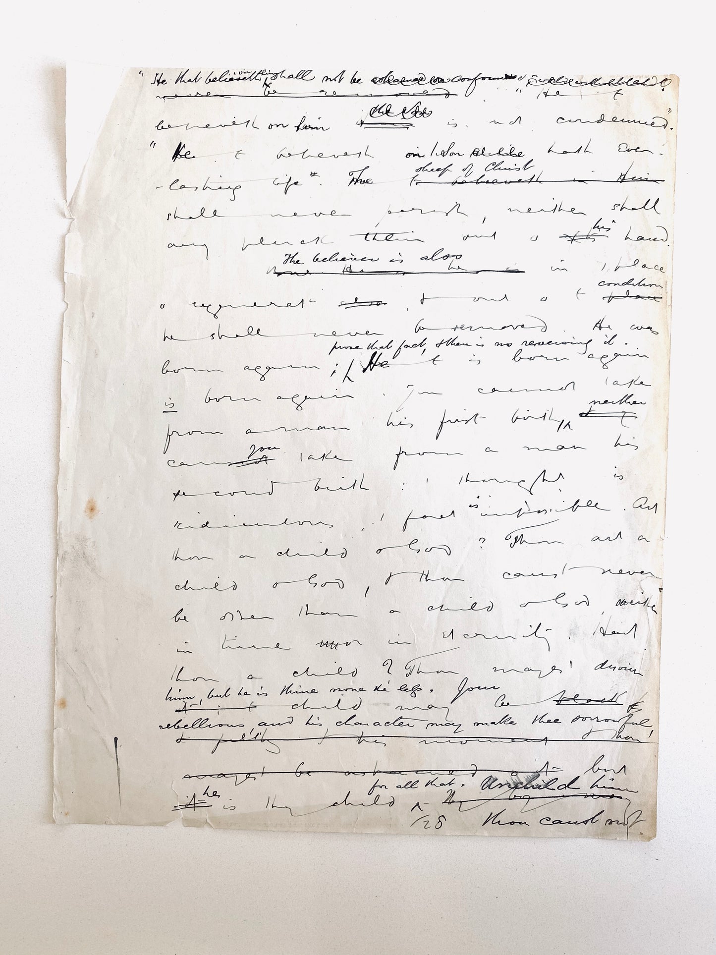 1878 C. H. SPURGEON. 1p Manuscript Corrected Sermon. The Immovability of the Believer. No 1