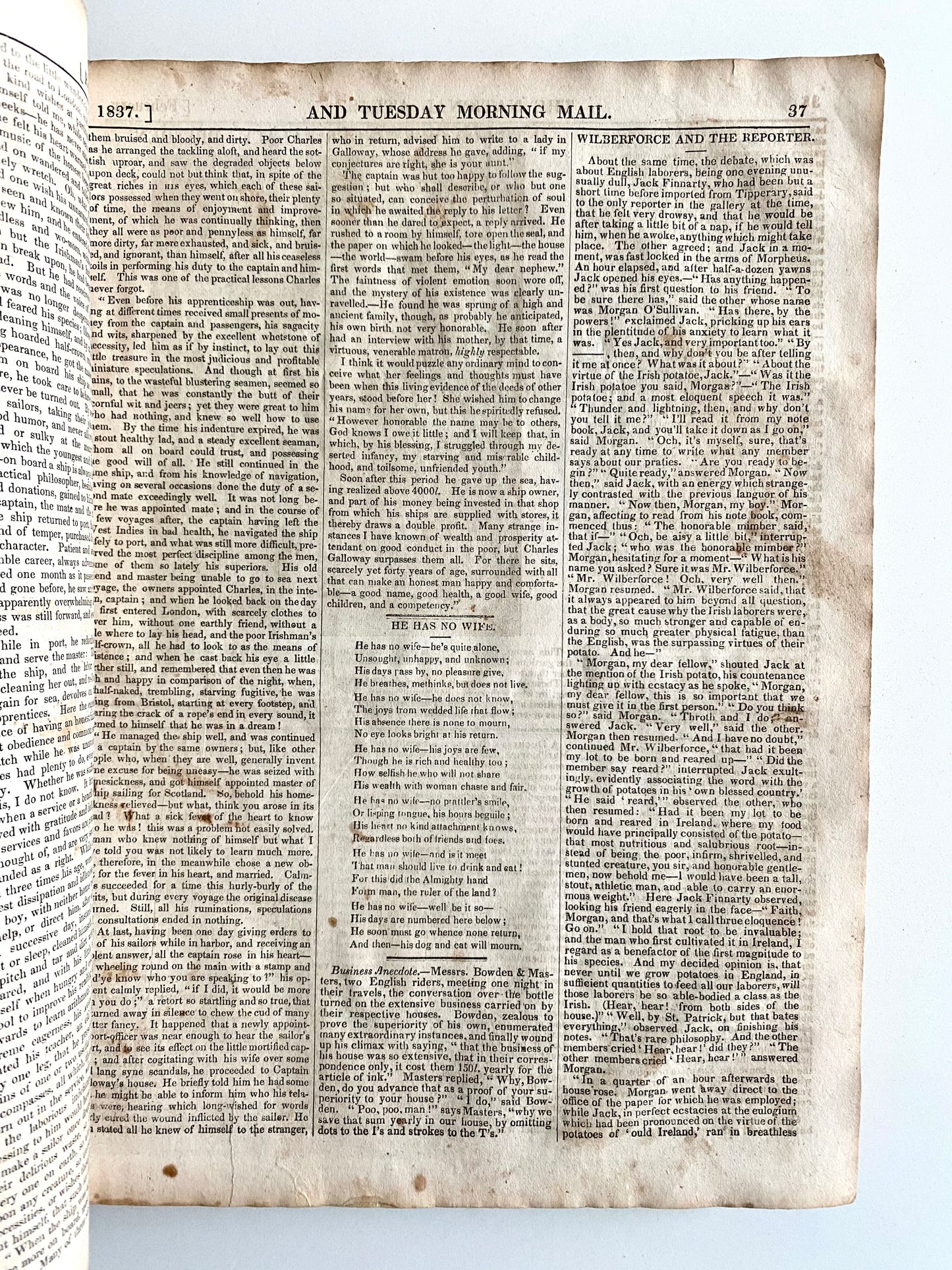 1837 NATIONAL ATLAS WEEKLY. 10 Year Old Hanged, Abolition, Indian Wars, New York Riots, Fairy Tales