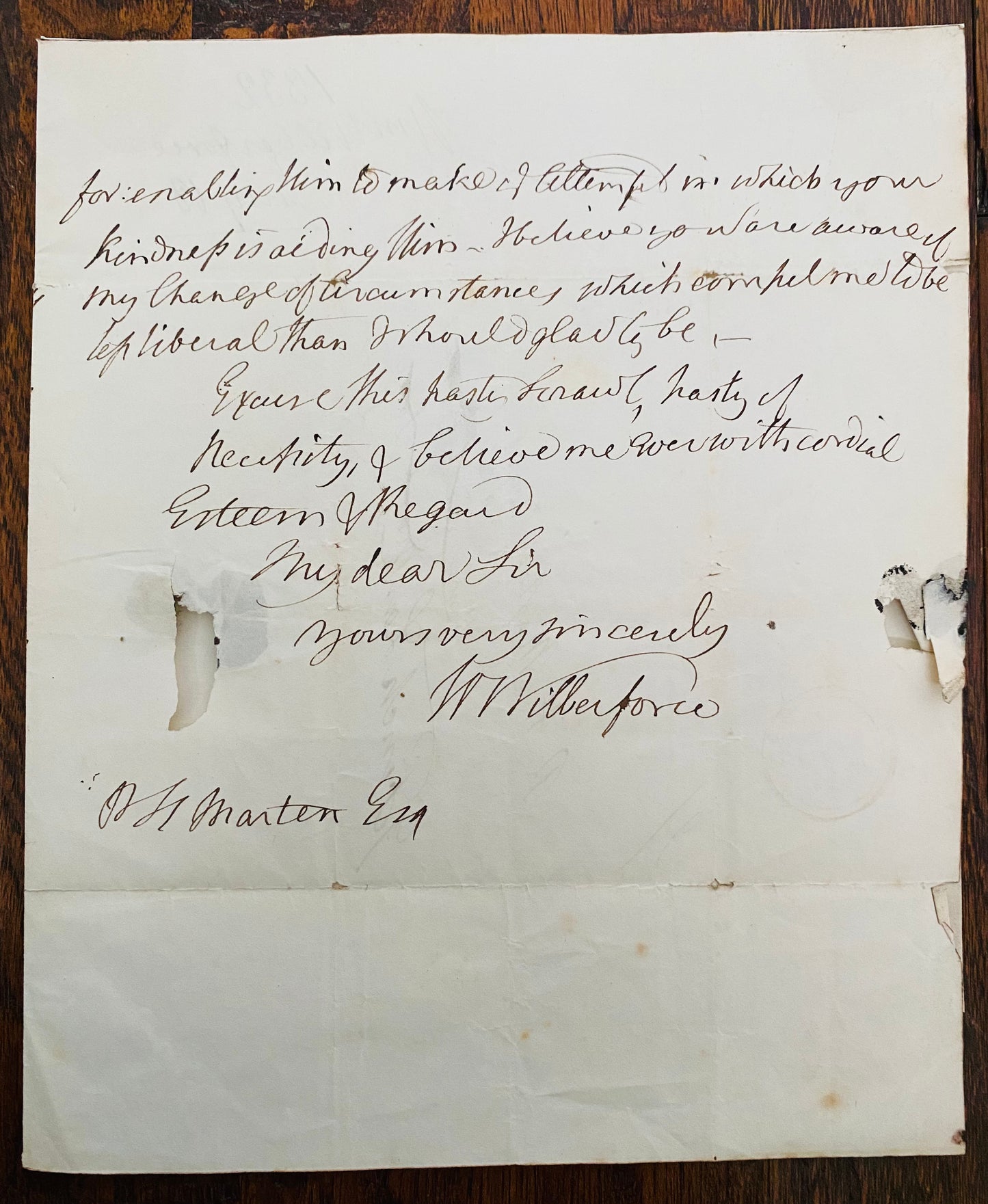 1832 WILLIAM WILBERFORCE. Autograph Letter to Fellow Abolitionist and Friend, Robert Humphrey Marten.