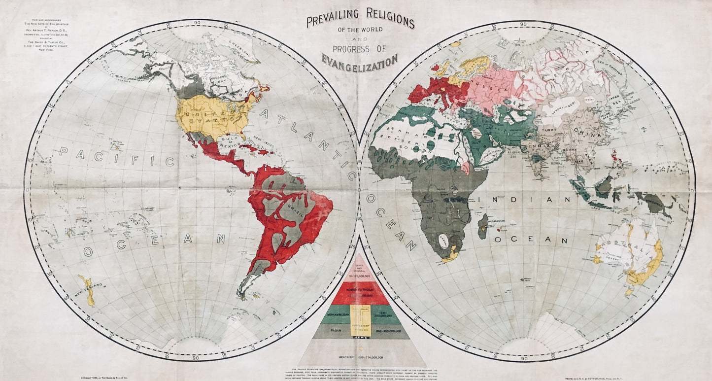 1894 A. T. PIERSON. Wax Linen Map of Expansion & Need of World Missions! Rare.